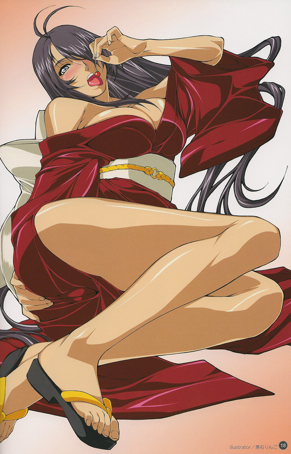 kuroishi ringo, kan'u unchou, ikkitousen, ikkitousen great guardians, highres, 1girl, ass, bare shoulders, black hair, blush, breasts, cleavage, feet, hair over one eye, japanese clothes, kimono, large breasts, legs, long hair, long legs, lying, open mouth, sandals, solo, thighs, tongue, very long hair