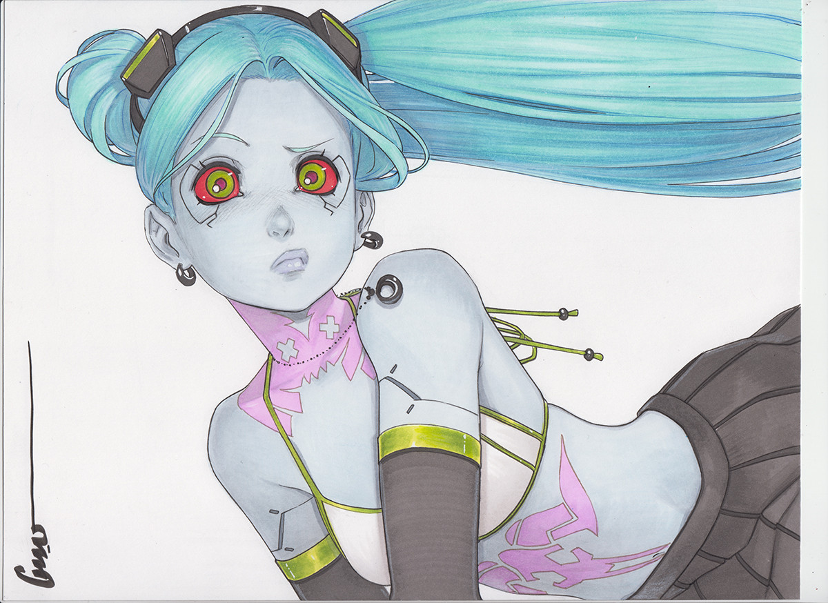 omar dogan, rebecca (cyberpunk), cyberpunk: edgerunners, cyberpunk (series), marker (medium), traditional media, 1girl, aqua hair, artificial eye, artist name, bare shoulders, bikini, bikini top only, black skirt, breasts, colored sclera, colored skin, earrings, green eyes, jewelry, long hair, looking at viewer, mechanical eye, miniskirt, navel, neck tattoo, necklace, pink tattoo, pleated skirt, purple lips, raised eyebrow, red pupils, red sclera, signature, skirt, small breasts, solo, stomach tattoo, swimsuit, tattoo, thick lips, twintails, white background, white bikini, white skin