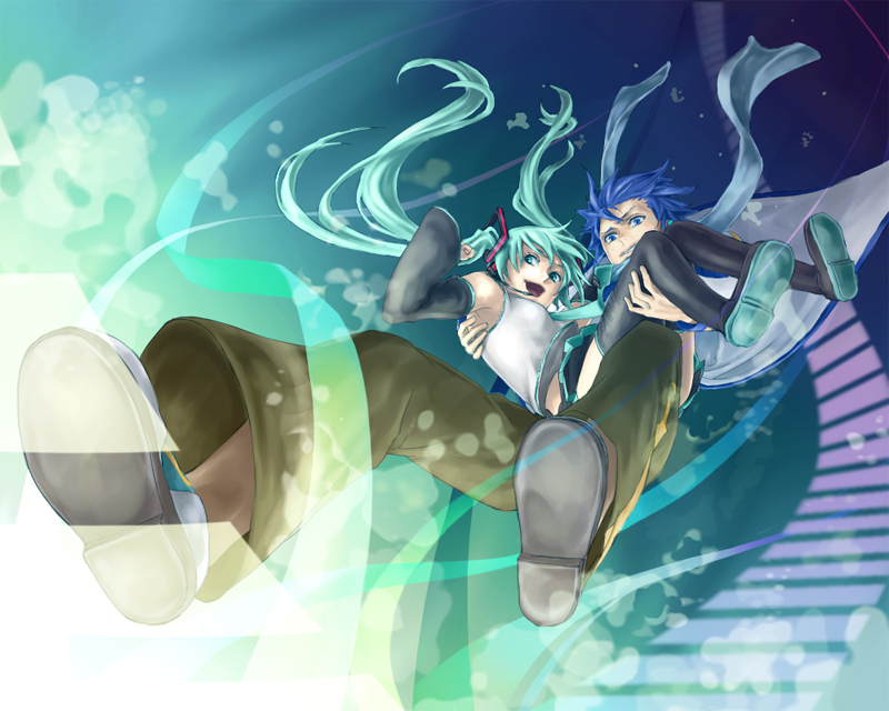 joka, joka (night gate), hatsune miku, kaito (vocaloid), vocaloid, 1boy, 1girl, aqua eyes, aqua hair, blue hair, blue scarf, carrying, scarf, twintails