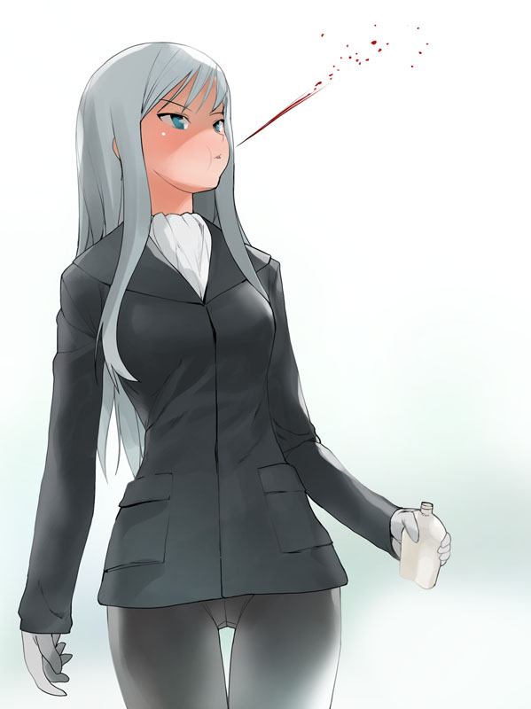a1 (initial-g), elizabeth f. beurling, strike witches, strike witches: suomus misfits squadron, world witches series, silver hair, 00s, 1girl, blue eyes, bottle, female focus, gloves, hip flask, long hair, pantyhose, puffy cheeks, scarf, solo, spitting, thigh gap