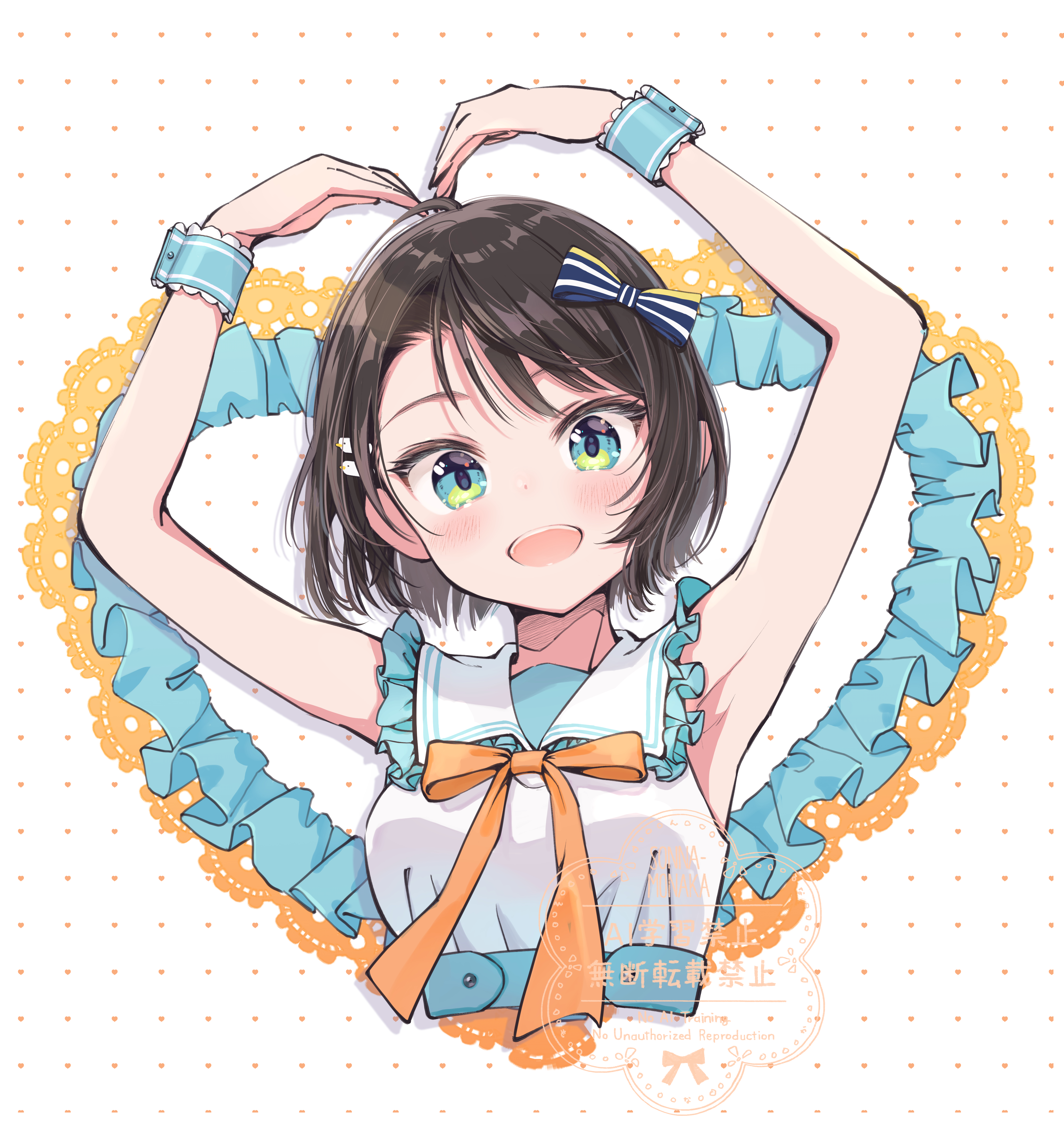 sonnamonaka, oozora subaru, oozora subaru (9th costume), hololive, absurdres, commentary, highres, symbol-only commentary, 1girl, :d, aqua eyes, armpits, black hair, blush, bow, cropped torso, dress, heart arms, looking at viewer, official alternate costume, open mouth, orange bow, polka dot, polka dot background, short hair, sleeveless, sleeveless dress, smile, solo, virtual youtuber, watermark, white background, white dress, wrist cuffs