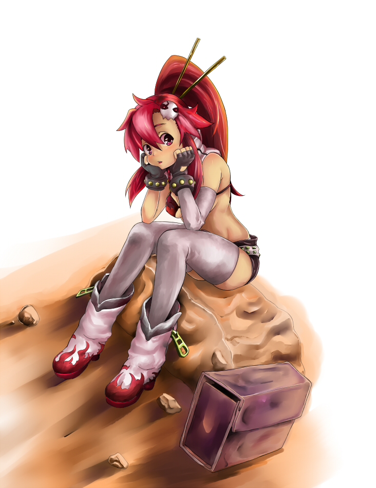 pro, yoko littner, tengen toppa gurren lagann, bad id, bad pixiv id, 00s, belt, bikini, bikini top only, boots, bored, hair ornament, head rest, long hair, midriff, pink thighhighs, ponytail, red hair, shorts, sitting, solo, swimsuit, thighhighs
