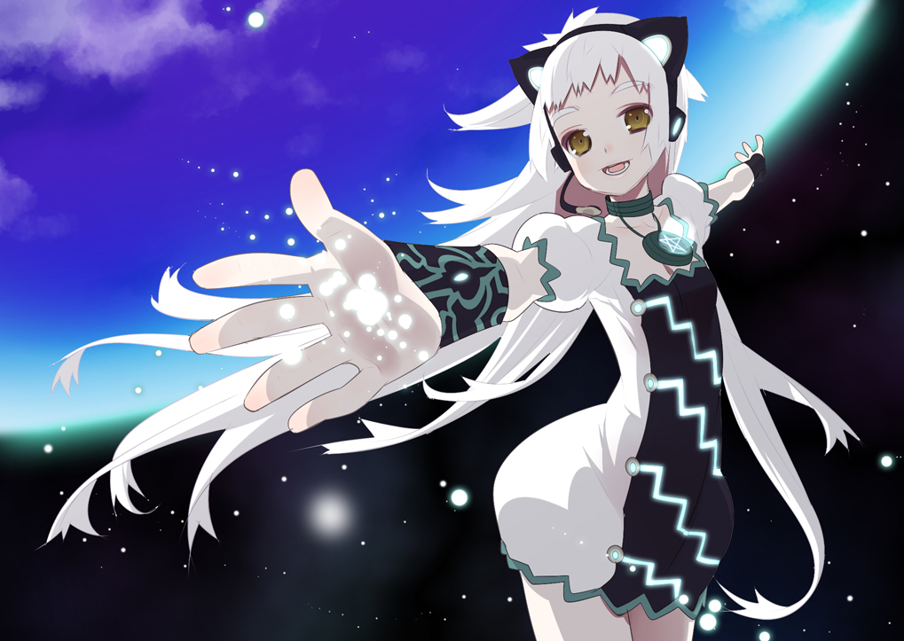 tensugi takashi, bad id, bad pixiv id, animal ears, brown eyes, cat ears, earth (planet), foreshortening, long hair, pentagram, planet, smile, solo, star (symbol), universe, white hair