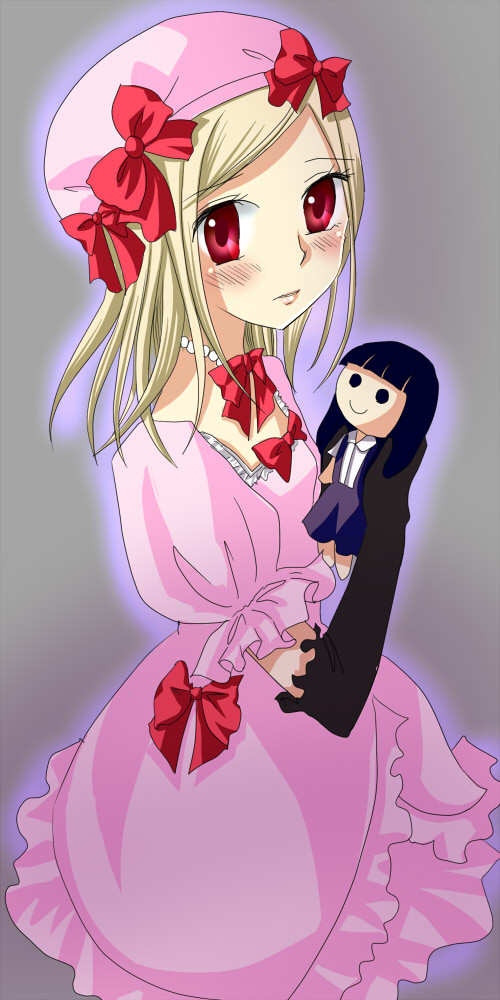 tonami, lambdadelta, umineko no naku koro ni, bad id, bad pixiv id, 00s, 1girl, beret, blonde hair, doll, dress, elbow gloves, female focus, gem, gloves, hat, pearl (gemstone), pink dress, pink hat, red eyes, ribbon, short hair, solo