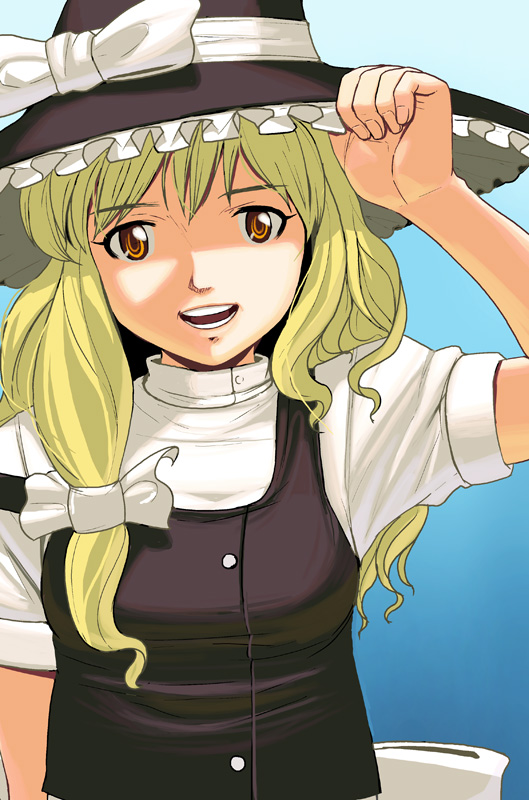 kouno (masao), kirisame marisa, touhou, bad id, bad pixiv id, 1girl, blonde hair, female focus, gradient background, hat, solo, upper body, witch, witch hat, yellow eyes