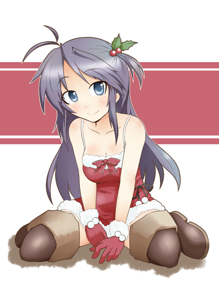 shing (sorairo factory), hiiragi miki, lucky star, 00s, 1girl, blue eyes, christmas, female focus, gloves, hair ornament, holly, holly hair ornament, long hair, mistletoe, purple hair, red gloves, solo, thighhighs
