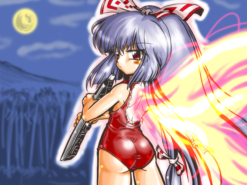winn, fujiwara no mokou, touhou, 1girl, ass, back, electric wind instrument, female focus, fiery wings, fire, instrument, moon, one-piece swimsuit, red one-piece swimsuit, school swimsuit, solo, swimsuit, torn clothes, wings