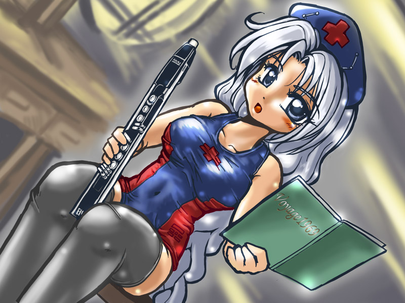 winn, yagokoro eirin, touhou, 1girl, adapted costume, book, breasts, electric wind instrument, female focus, indoors, instrument, one-piece swimsuit, school swimsuit, solo, swimsuit, thighhighs
