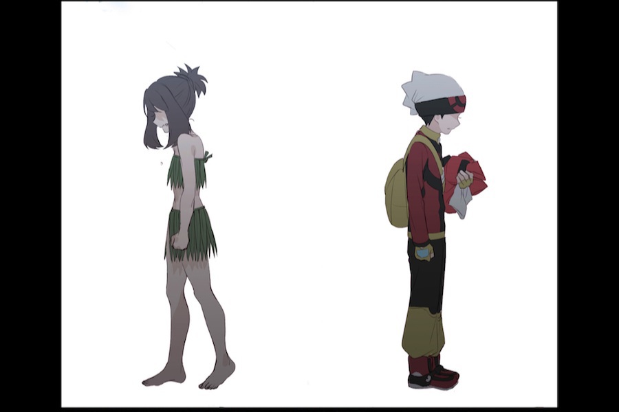 ouri (aya pine), brendan (pokemon), may (pokemon), nintendo, pokemon, pokemon adventures, highres, 1boy, 1girl, armpit crease, arms at sides, baggy pants, barefoot, bikini, black hair, blue eyes, blush, brown hair, clenched hands, collarbone, crying, eyelashes, fangs, feet, flat chest, full body, grass skirt, hat, heel up, holding, holding unworn clothes, knees, leaf bikini, legs, long sleeves, looking down, medium hair, midriff, navel, neck, no bra, no panties, official alternate costume, pants, profile, red eyes, revealing clothes, sad, shoes, short hair, sidelocks, simple background, sneakers, standing, swept bangs, thighs, toenails, toes, tomboy, topknot, white background