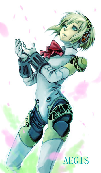 saza, aigis (persona), atlus, persona, persona 3, 1girl, android, blonde hair, bow, bowtie, cowboy shot, female focus, looking up, red bow, red bowtie, short hair, solo, standing