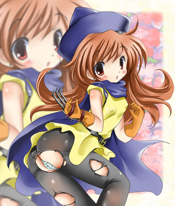 natsume fumika, alena (dq4), chunsoft, dragon quest, dragon quest iv, enix, bad id, bad pixiv id, 1girl, cape, dress, female focus, long hair, panties, pantyhose, skirt, solo, torn clothes, underwear, yellow dress, yellow skirt, zoom layer