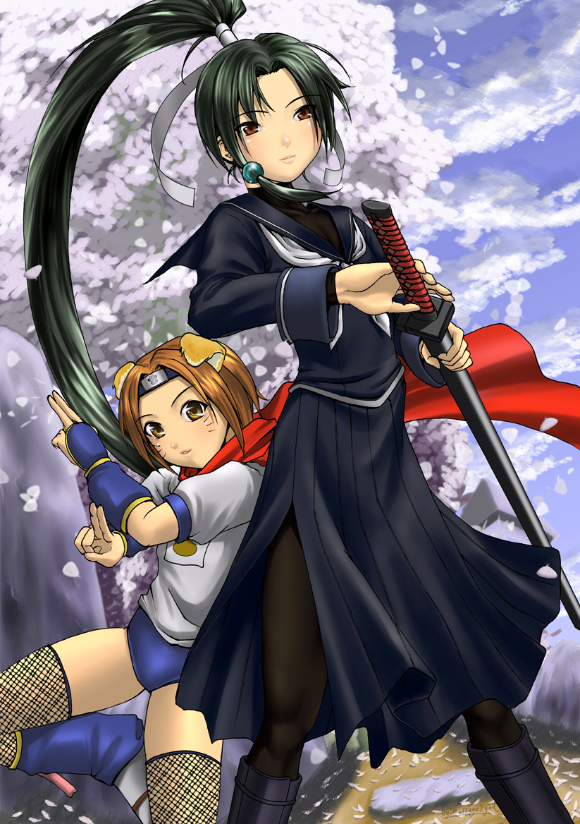 message2god, konoha (arcana heart), tokinomiya kamui, aq interactive, arcana heart, atlus, examu, 2girls, animal ears, katana, multiple girls, ninja, pantyhose, ponytail, scarf, school uniform, serafuku, sword, weapon