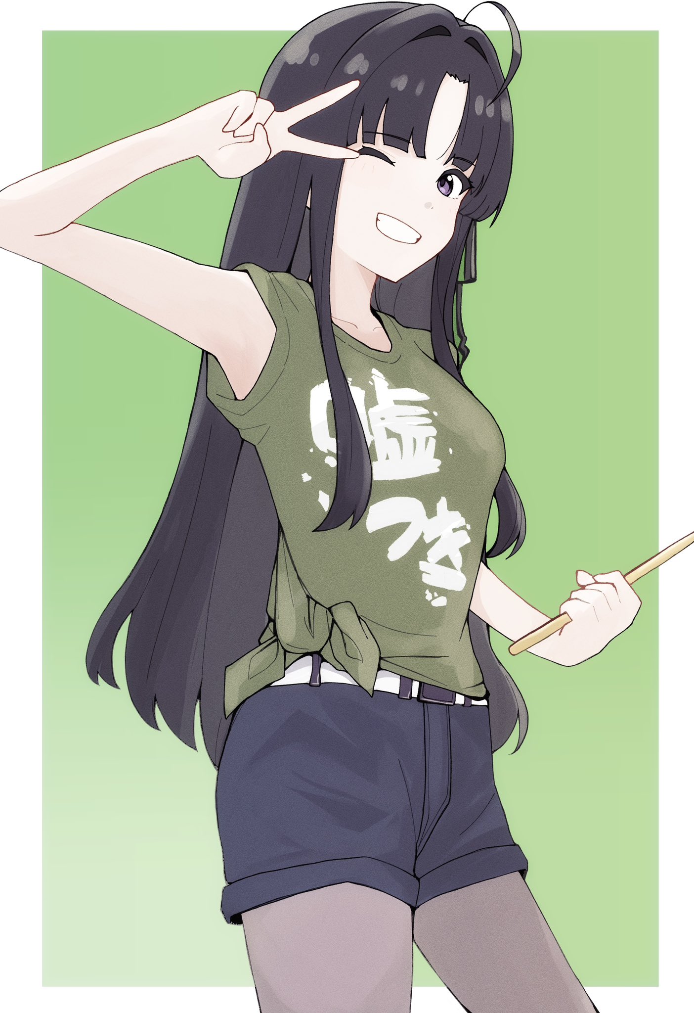 n nai nai n, awa subaru, girls band cry, commentary, hashtag-only commentary, highres, 1girl, ahoge, belt, black hair, black shorts, border, breasts, cleavage, cowboy shot, drumsticks, green shirt, grey pantyhose, hair intakes, holding, holding drumsticks, long hair, medium breasts, one eye closed, outside border, pantyhose, pantyhose under shorts, parted bangs, purple eyes, shikai no sumi kuchiru oto, shirt, shorts, solo, tied shirt, v, white belt, white border