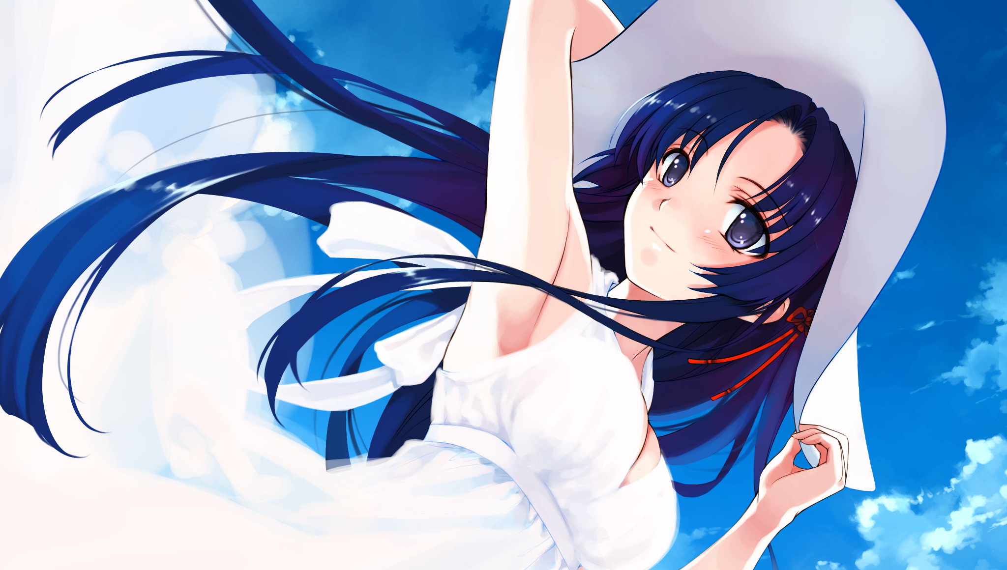 cradle (circle), misaki kurehito, koga sayoko, abhar, suiheisen made nan mile?, game cg, highres, 1girl, armpits, blue hair, blush, cloud, day, dress, female focus, hat, long hair, sky, solo, sun hat, sundress