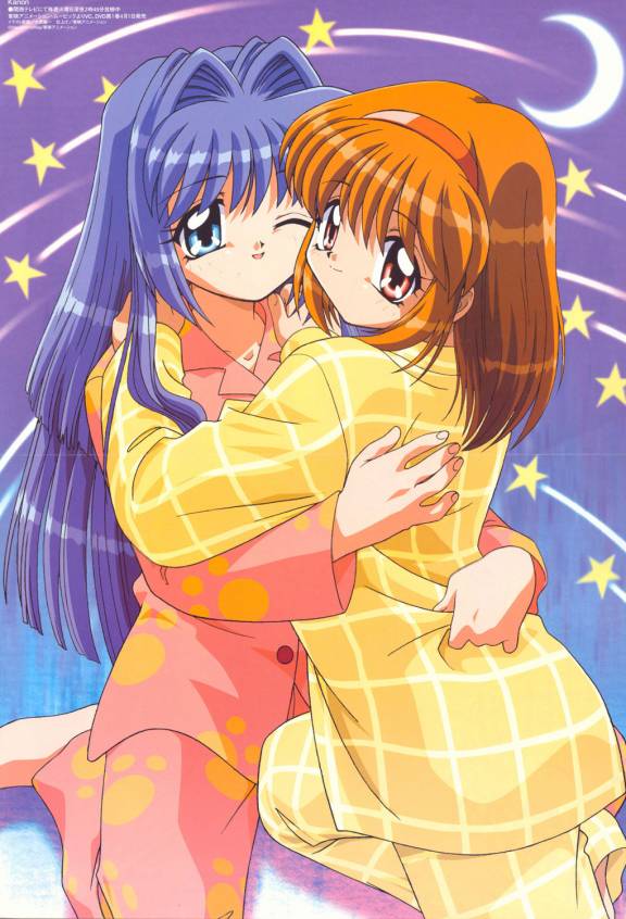 minase nayuki, tsukimiya ayu, kanon, key (company), 2girls, blue eyes, blue hair, hairband, hug, long hair, moon, multiple girls, orange hair, pajamas, red eyes, short hair, star (symbol), wink
