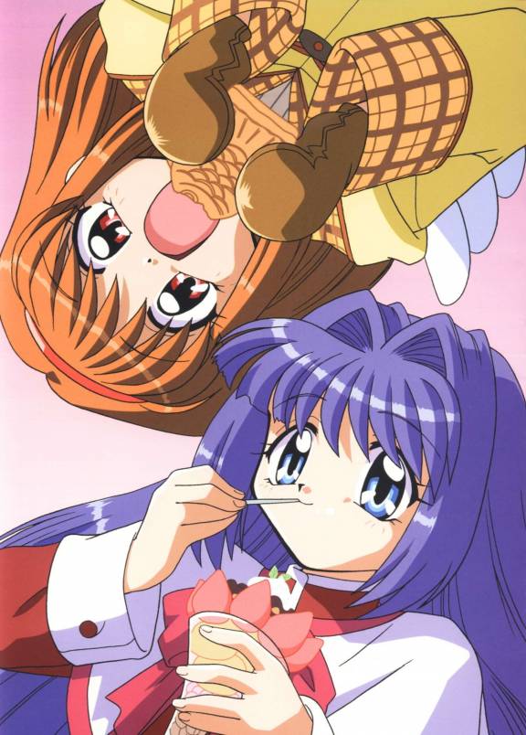 minase nayuki, tsukimiya ayu, kanon, key (company), blue hair, eating, food, fruit, hairband, ice cream, long hair, mittens, orange hair, school uniform, short hair, strawberry, taiyaki, wagashi, wings