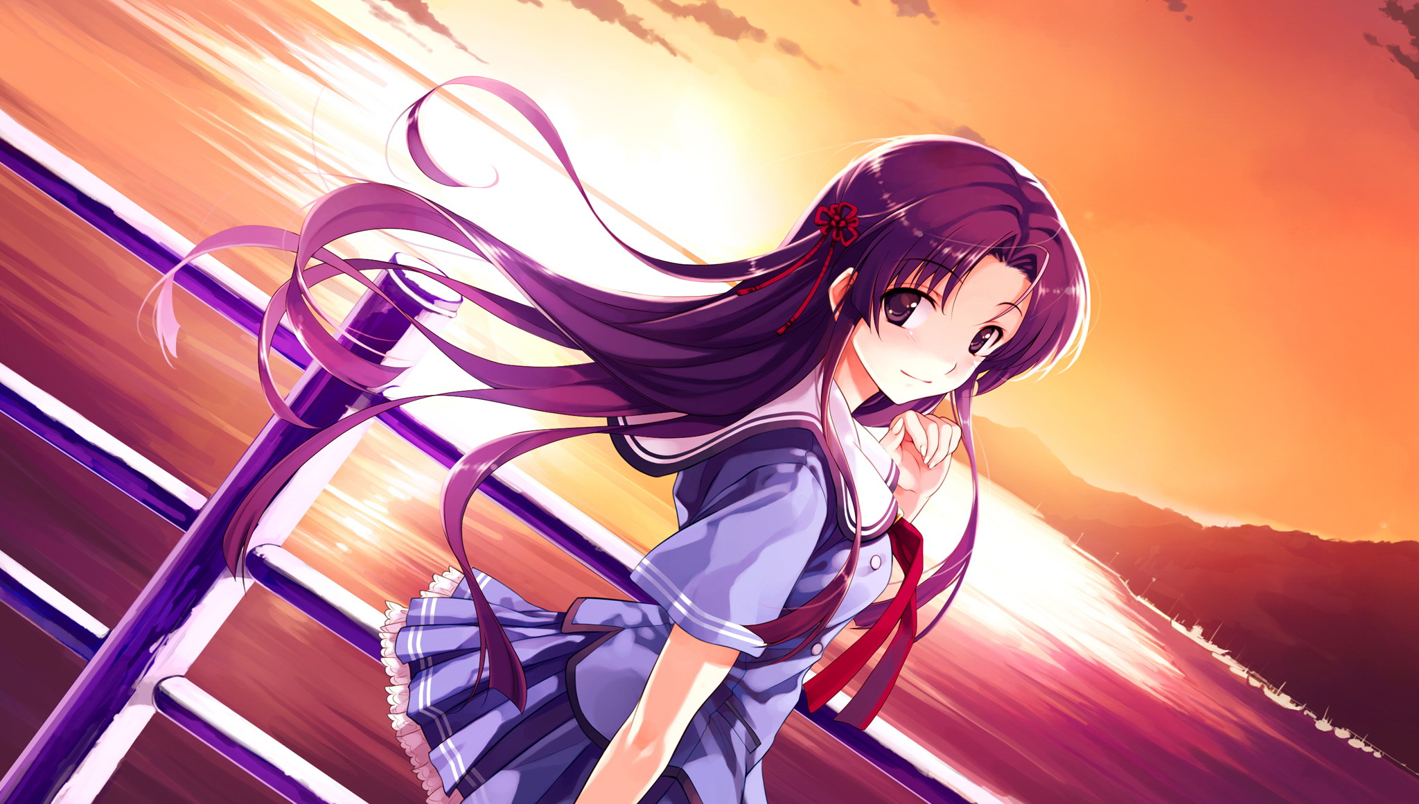 cradle (circle), misaki kurehito, koga sayoko, abhar, suiheisen made nan mile?, game cg, highres, 1girl, female focus, long hair, purple eyes, purple hair, school uniform, solo, sunset