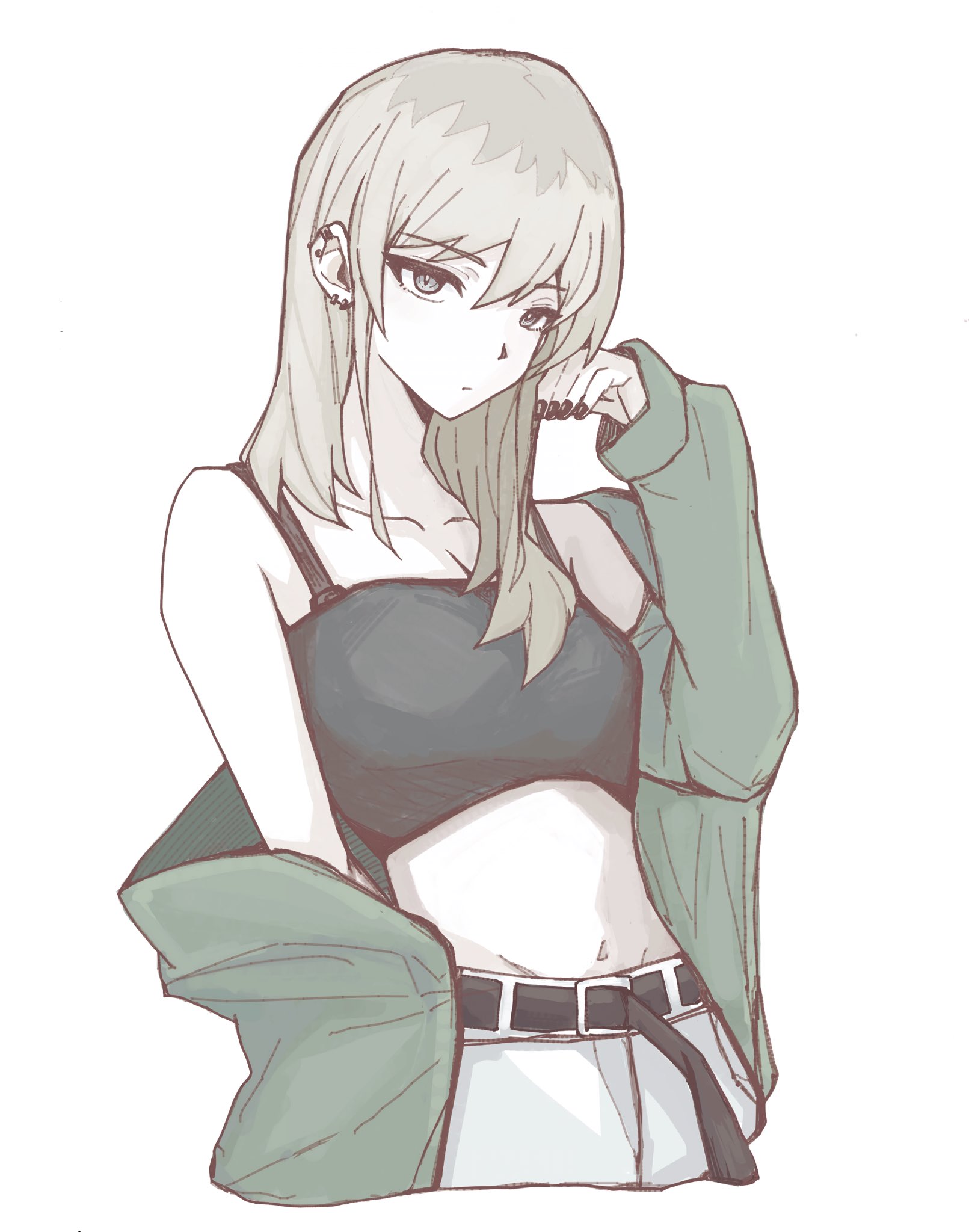 n nai nai n, kawaragi momoka, girls band cry, highres, 1girl, belt, black belt, black cape, black nails, braid, breasts, cape, closed mouth, ear piercing, earrings, green jacket, grey eyes, grey hair, hair between eyes, jacket, jewelry, long hair, medium breasts, midriff, multicolored hair, nail polish, navel, open clothes, open jacket, piercing, roots (hair), simple background, single braid, solo, white background