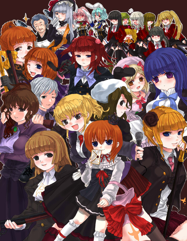 asmodeus (umineko), beatrice (umineko), beelzebub (umineko), belphegor (umineko), chiester410, chiester45, chiester sisters, eva beatrice, frederica bernkastel, lambdadelta, leviathan (umineko), lucifer (umineko), mammon (umineko), satan (umineko), shannon (umineko), stakes of purgatory, ushiromiya eva, ushiromiya jessica, ushiromiya kyrie, ushiromiya maria, ushiromiya natsuhi, ushiromiya rosa, virgilia (umineko), umineko no naku koro ni, silver hair, 00s, 6+girls, angry, aqua hair, bag, beret, black hair, blonde hair, blue hair, blush, brown hair, crown, dress, everyone, fish, green hair, happy, hat, hime cut, hug, long hair, multiple girls, orange hair, pink hair, ponytail, red hair, ribbon, serious, short hair, smile, staff, twintails, very long hair