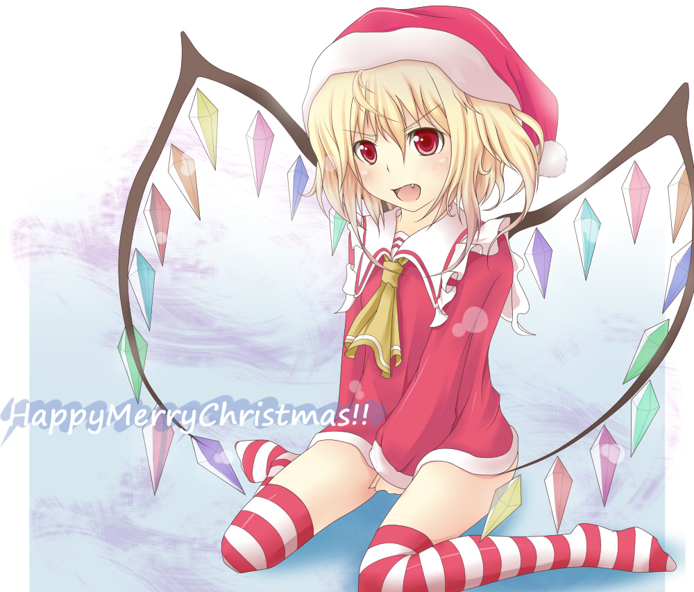 momiz-tama (pixiv), tokijiro, flandre scarlet, touhou, bad id, bad pixiv id, 1girl, blouse, bottomless, christmas, english text, fang, female focus, gradient background, hair between eyes, hat, red hat, red shirt, santa costume, santa hat, shirt, solo, striped clothes, striped thighhighs, thighhighs