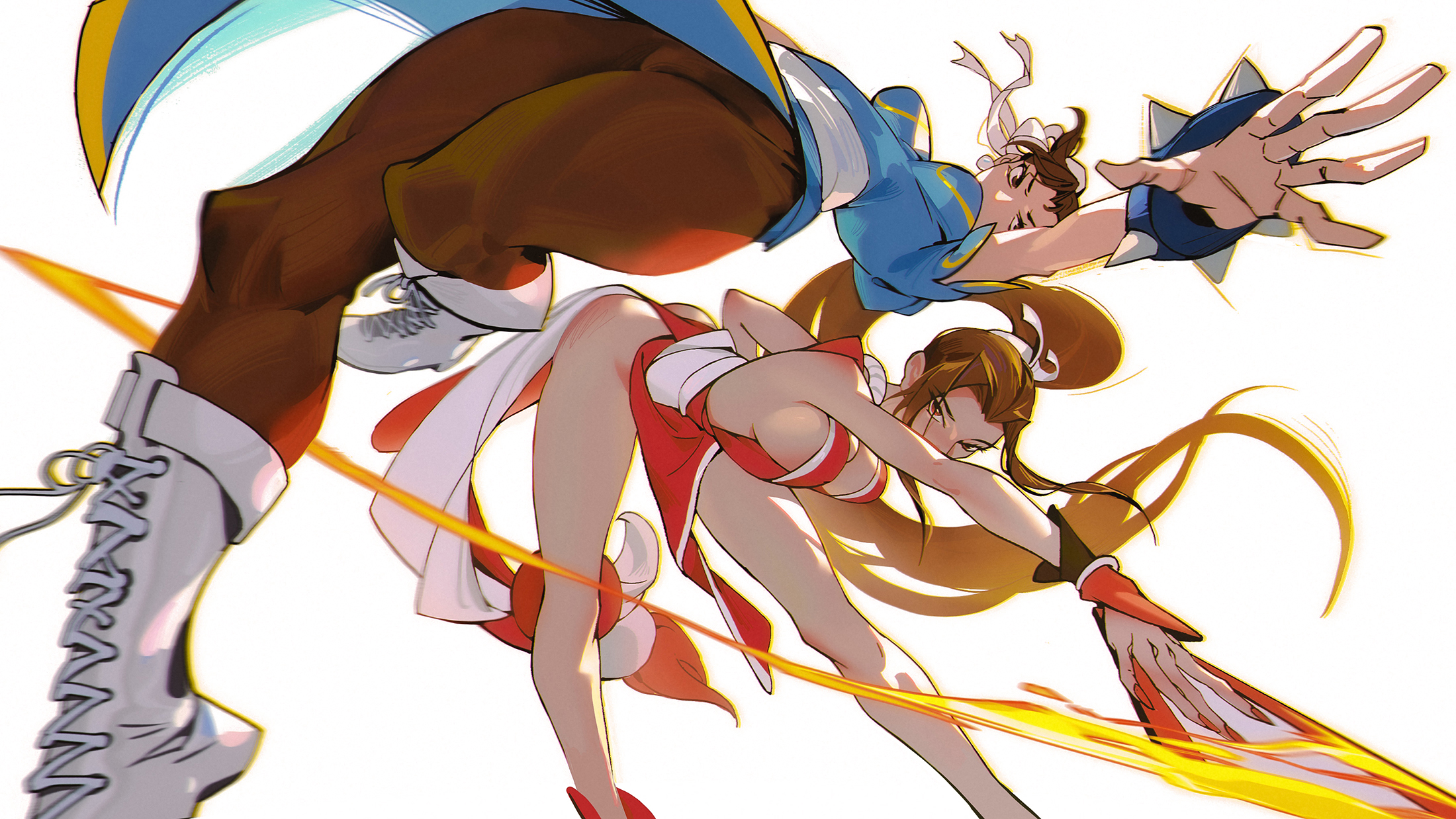 chun-li, shiranui mai, capcom, street fighter, commentary, highres, 2girls, bent over, black pantyhose, blue dress, boots, bracelet, breasts, brown hair, china dress, chinese clothes, dress, fighting, fire, hand fan, he xiaotang, holding, holding fan, jewelry, lace-up boots, long hair, looking at viewer, motoyui, multiple girls, pantyhose, pelvic curtain, ponytail, red dress, revealing clothes, sash, simple background, spiked bracelet, spikes, white background, white boots, white sash