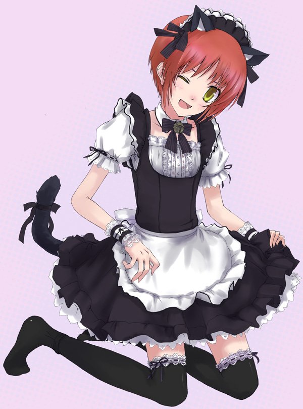 asdf17, mao (tales), tales of (series), tales of rebirth, bad id, bad pixiv id, 1boy, alternate costume, animal ears, black dress, bow, cat boy, cat ears, crossdressing, crossdressing (mtf), dress, enmaided, maid, male focus, male maid, one eye closed, purple background, red hair, smile, solo, thighhighs, trap, wink, yellow eyes