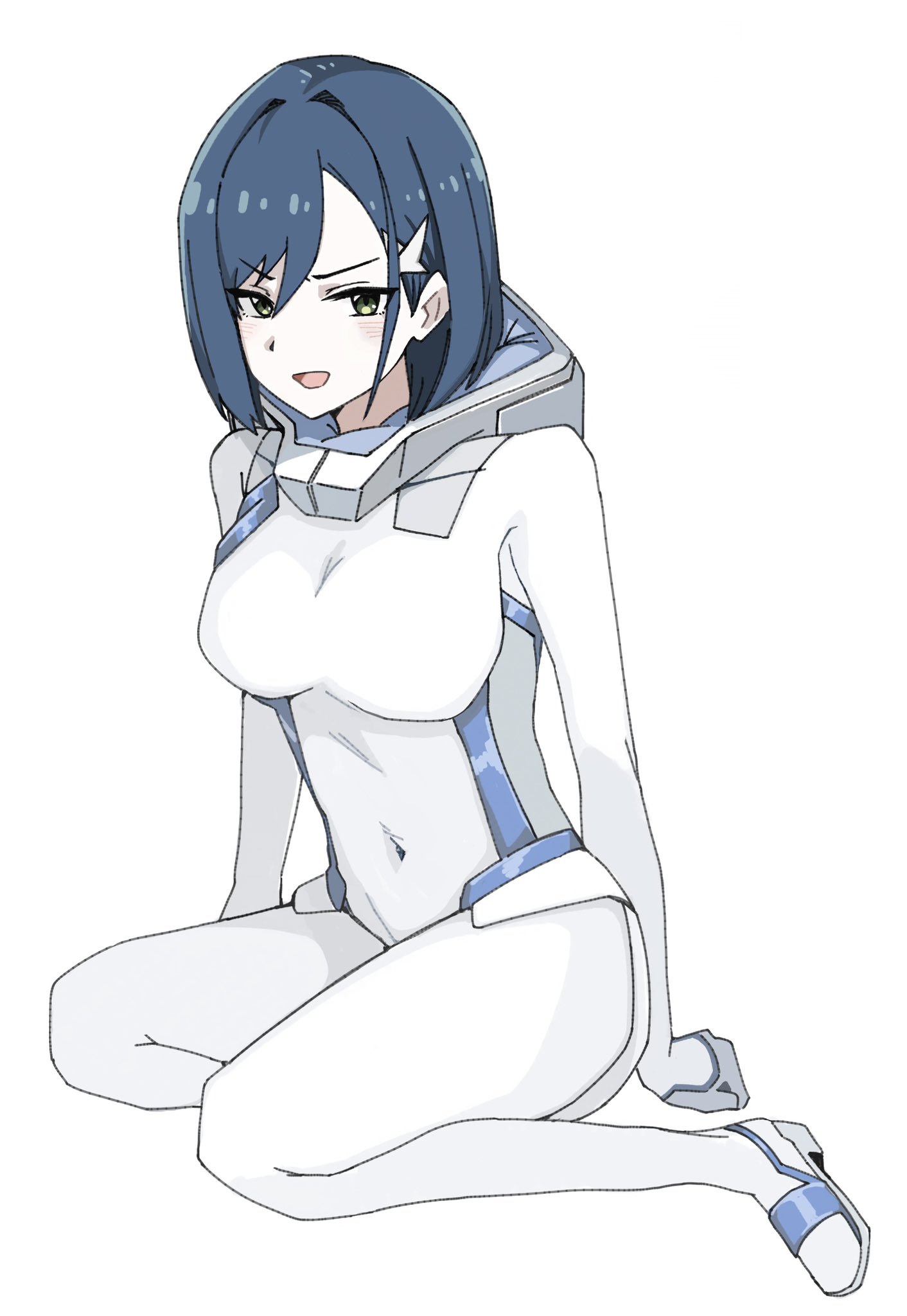 n nai nai n, ichigo (darling in the franxx), darling in the franxx, highres, 1girl, blue hair, blush, bodysuit, breasts, covered navel, full body, hair between eyes, large breasts, mecha pilot suit, open mouth, parasite suit (darling in the franxx), short hair, sitting, solo, white bodysuit, yellow eyes