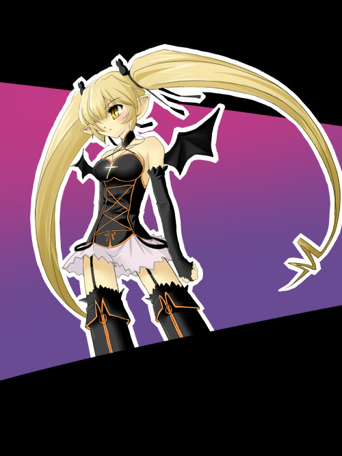 oota minoru, pachira, renkin san-kyuu magical pokaan, bad id, bad pixiv id, blonde hair, detached sleeves, hair over one eye, long hair, skirt, solo, thighhighs, twintails, wings, yellow eyes