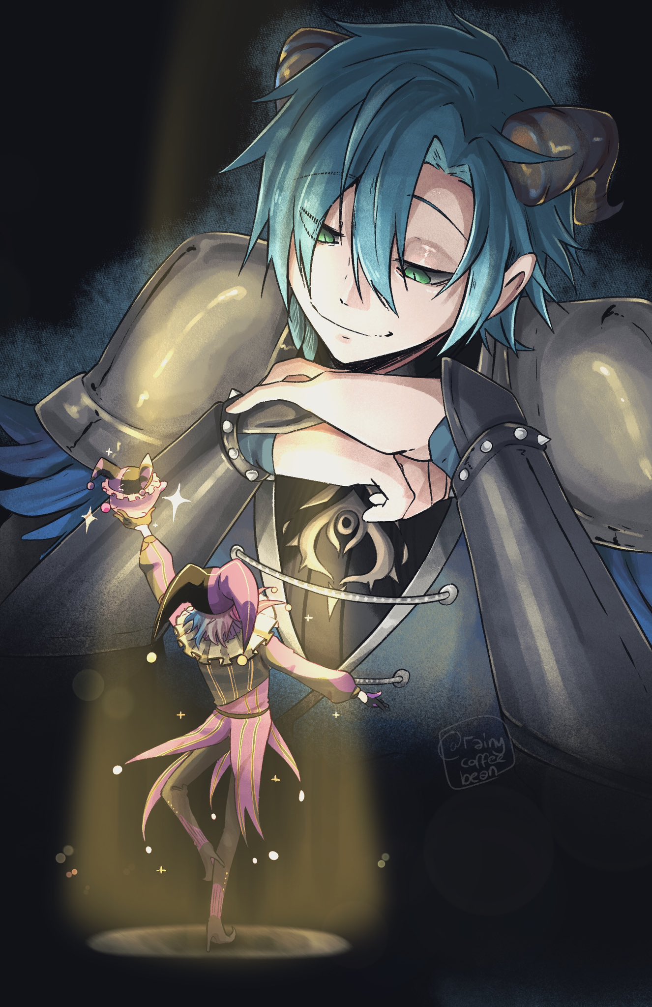 rainycoffeebean, gavis bettel, phantom (gavis bettel), regis altare, holostars, holostars english, commentary, english commentary, highres, 2boys, alternate costume, aura, black background, blue hair, creature, curtained hair, dancing, demon horns, doppelganger (holostars english), elbows on table, gloves, green eyes, hair between eyes, half-closed eyes, hat, holding, holding creature, horns, jester cap, jester costume, long sleeves, male focus, multicolored hair, multiple boys, short hair, size difference, slit pupils, smile, sparkle, spotlight, twitter username, virtual youtuber