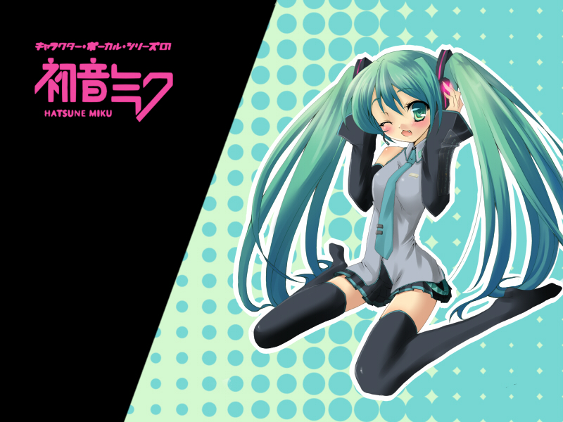 oota minoru, hatsune miku, vocaloid, bad id, bad pixiv id, aqua eyes, aqua hair, detached sleeves, long hair, necktie, one eye closed, skirt, solo, thighhighs, twintails, wink, zettai ryouiki