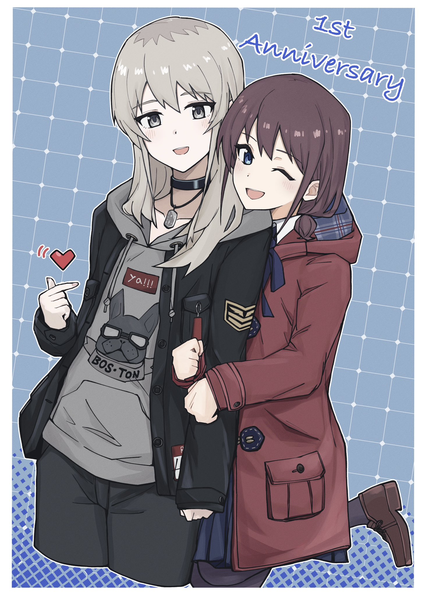 n nai nai n, iseri nina, kawaragi momoka, girls band cry, commentary, hashtag-only commentary, highres, 2girls, arm hug, black choker, black jacket, black pants, blue background, blue eyes, blue skirt, blush, border, brown hair, brown shoes, choker, finger heart, grey eyes, grey hair, grey hoodie, heart, hood, hood down, hooded jacket, hoodie, jacket, long hair, looking at viewer, low twintails, multicolored hair, multiple girls, one eye closed, open clothes, open jacket, open mouth, pants, red jacket, roots (hair), shoes, short hair, short twintails, skirt, smile, teeth, twintails, upper teeth only, white border
