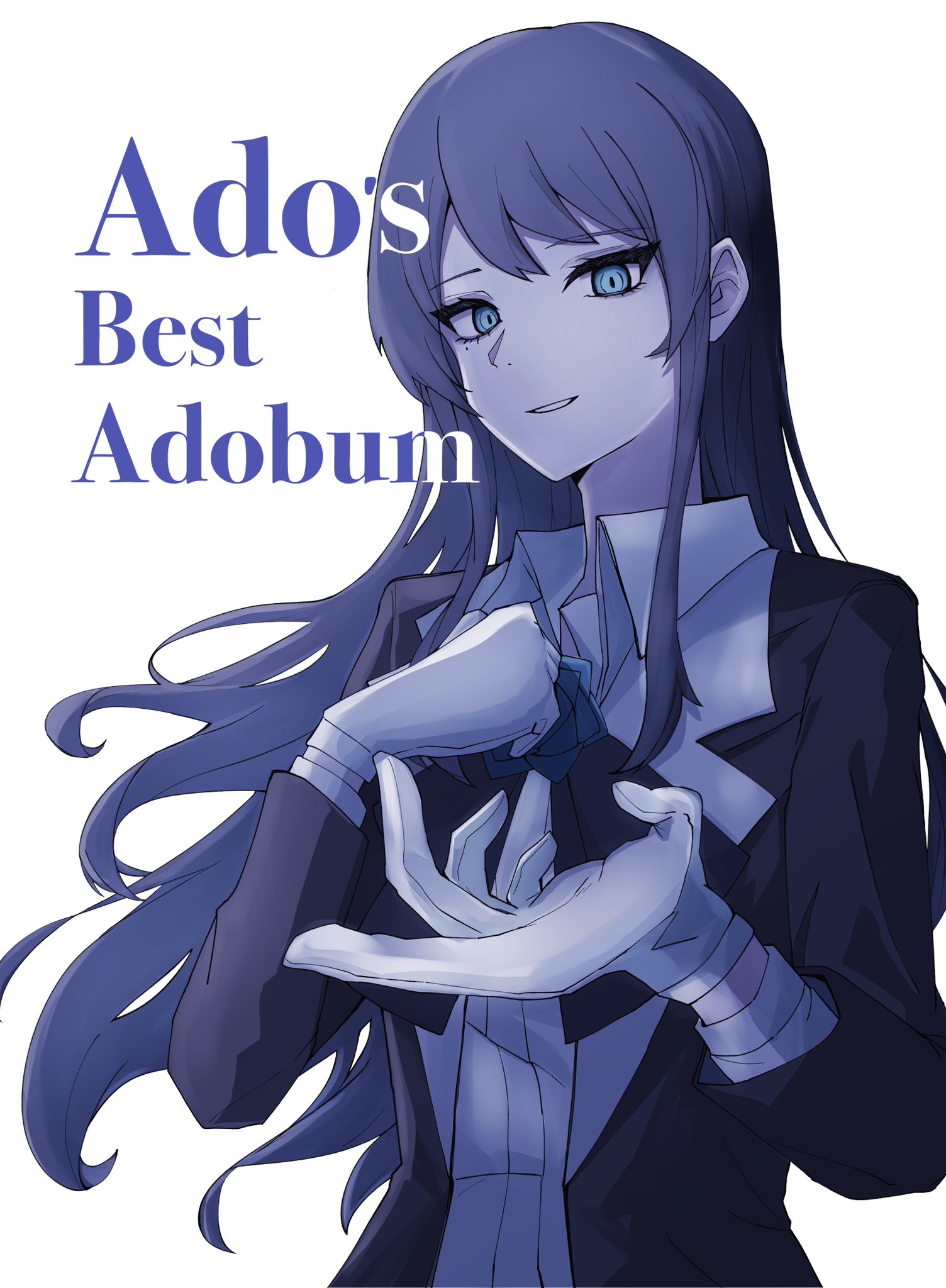 n nai nai n, chando (ado), ado (utaite), commentary, hashtag-only commentary, highres, 1girl, black coat, black hair, blue eyes, coat, hands up, long hair, long sleeves, looking at viewer, offering hand, open mouth, shirt, sidelocks, simple background, solo, upper body, utaite, white background, white shirt