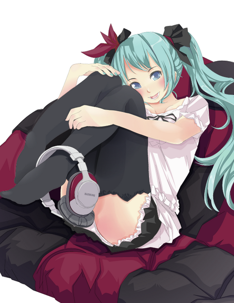 kazuha nanako, nanako (artist), hatsune miku, vocaloid, world is mine (vocaloid), bad id, bad pixiv id, 1girl, aqua hair, blue eyes, female focus, headphones, long hair, sitting, solo, thighhighs, twintails, zettai ryouiki