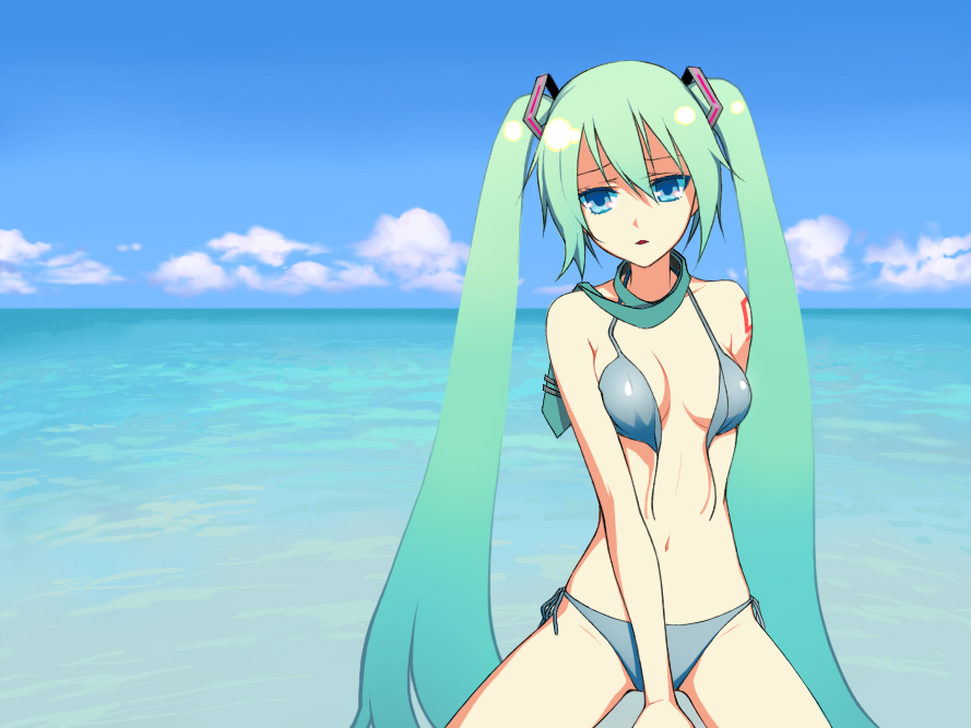 chimachi, hatsune miku, vocaloid, bad id, bad pixiv id, 1girl, aqua hair, bare shoulders, bikini, blue background, blue bikini, blue eyes, blue theme, breasts, cloud, day, female focus, long hair, necktie, ocean, open clothes, outdoors, sky, small breasts, solo, swimsuit, twintails, water