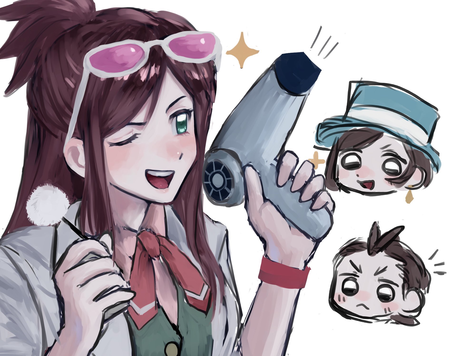 apollo justice, ema skye, trucy wright, ace attorney, highres, 1boy, 2girls, ;d, brown hair, chibi, chibi inset, coat, green eyes, hair dryer, holding, holding hair dryer, lab coat, long hair, multiple girls, neckerchief, one eye closed, open clothes, open coat, open mouth, red neckerchief, shiro4427, smile, teeth, upper body, upper teeth only, white background, white coat, wristband