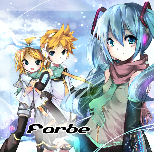 sho (runatic moon), hatsune miku, kagamine len, kagamine rin, vocaloid, 1boy, 2girls, blonde hair, blue eyes, blue hair, eyeshadow, long hair, makeup, multiple girls, scarf, shared clothes, shared scarf, short hair, smile, twintails