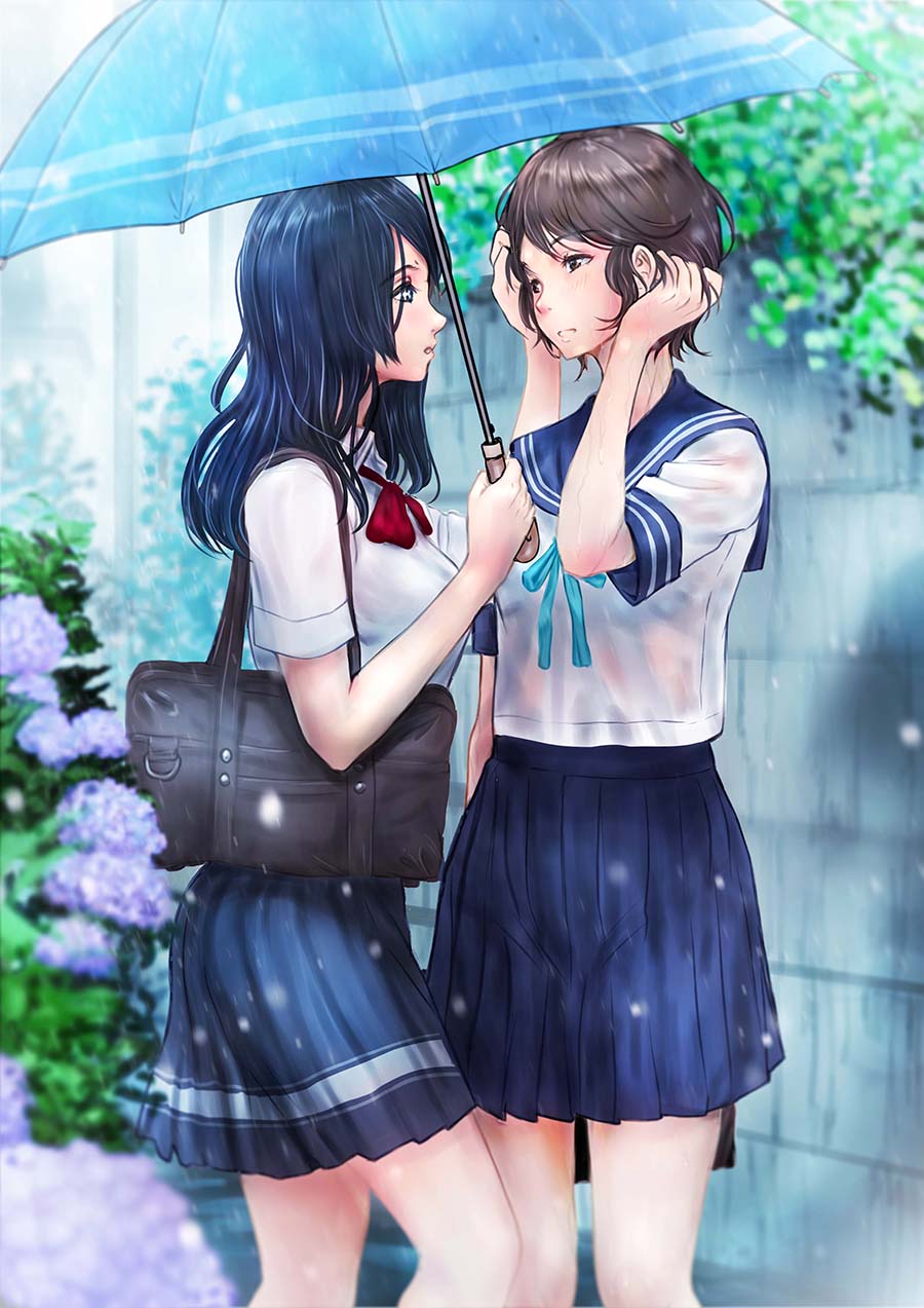 konekoneko (pixiv 21272648), original, highres, 2girls, adjusting hair, aqua ribbon, arm behind back, arm up, bag, black bag, black hair, blue sailor collar, blue skirt, blurry, blurry background, brown hair, bush, collared shirt, cowboy shot, depth of field, flower, from side, hand on another's head, holding, holding bag, holding umbrella, looking at another, multiple girls, neckerchief, outdoors, parted lips, pleated skirt, purple flower, rain, red neckerchief, ribbon, sailor collar, school uniform, serafuku, shirt, short hair, short sleeves, shoulder bag, skirt, standing, umbrella, white shirt