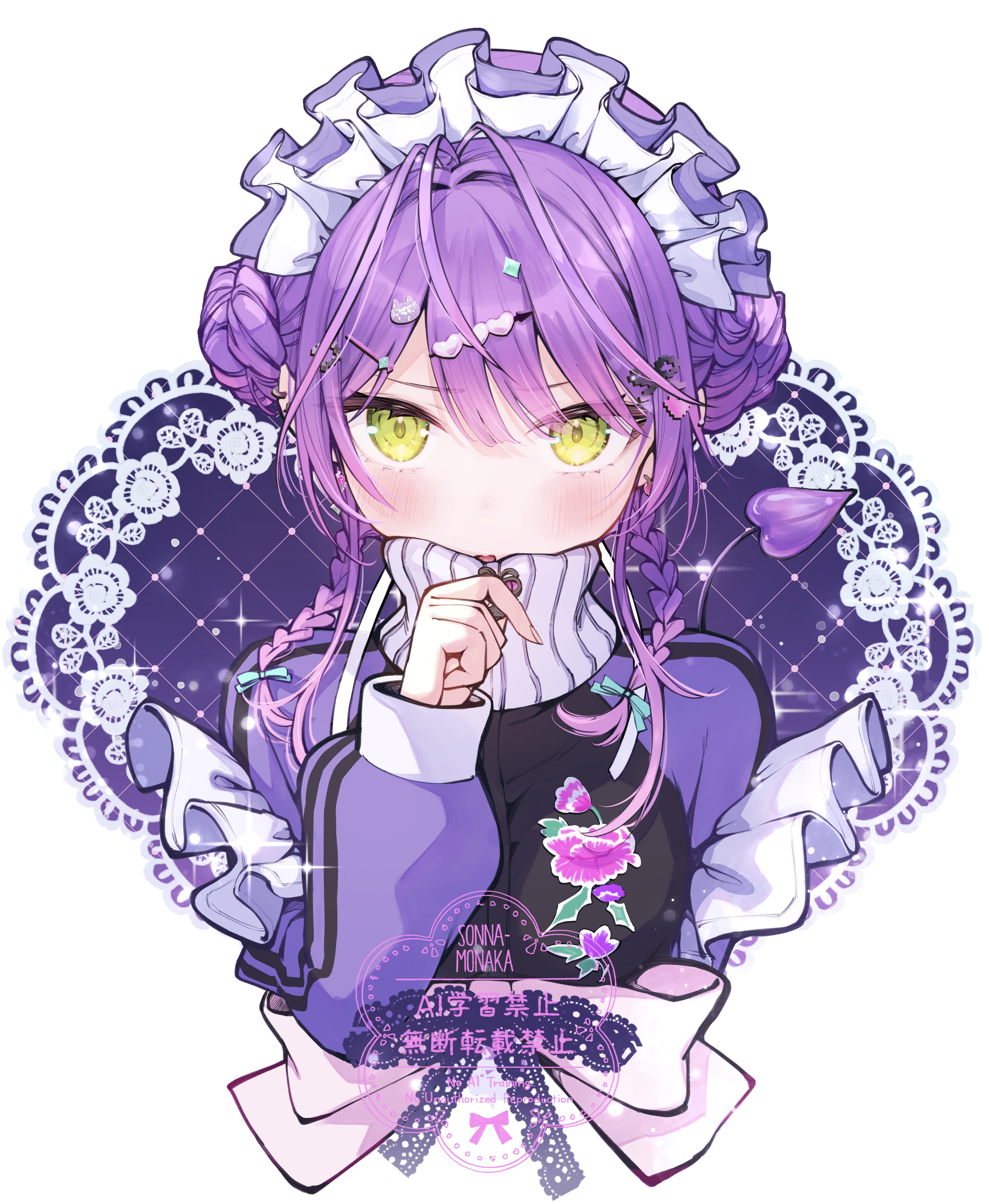 sonnamonaka, tokoyami towa, tokoyami towa (jersey maid), hololive, absurdres, commentary request, highres, 1girl, blush, braid, cropped torso, double bun, green eyes, hair bun, hair ornament, heart, heart hair ornament, jacket, long sleeves, looking at viewer, maid headdress, official alternate costume, purple hair, purple jacket, solo, twin braids, virtual youtuber, watermark, white background