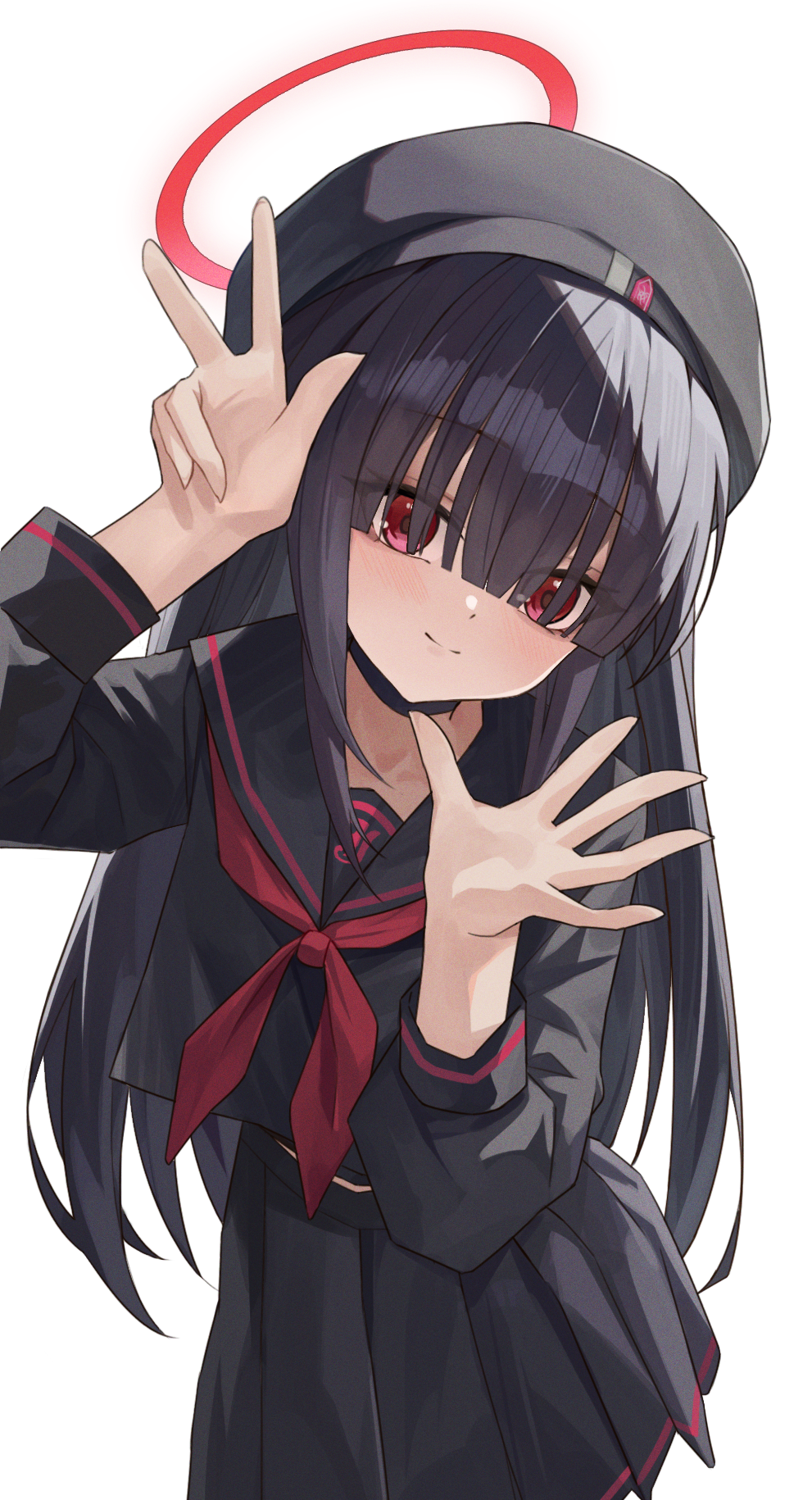 manjie, justice task force member (blue archive), blue archive, highres, beret, black choker, black hair, black hat, black sailor collar, black serafuku, choker, covered eyes, hair over eyes, halo, hat, long bangs, long hair, looking at viewer, neckerchief, red eyes, red halo, red neckerchief, sailor collar, school uniform, serafuku, smile