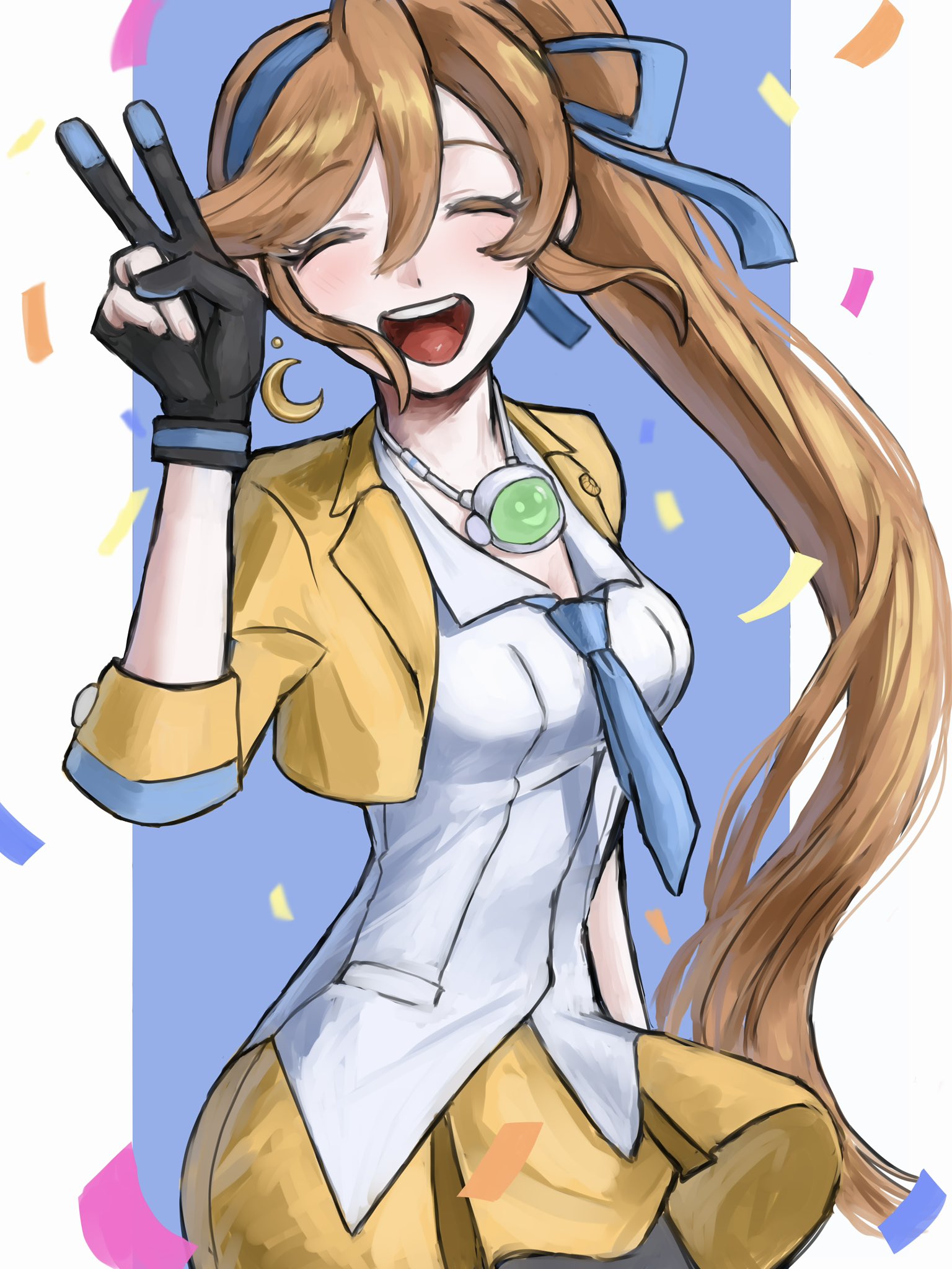 athena cykes, ace attorney, highres, 1girl, black gloves, blue bow, blue hairband, blue necktie, bow, bow hairband, closed mouth, collared shirt, confetti, crescent, crescent earrings, cropped jacket, earrings, facing viewer, gloves, hair between eyes, hair bow, hairband, jewelry, long hair, necklace, necktie, open mouth, orange hair, partially fingerless gloves, shiro4427, shirt, side ponytail, simple background, single earring, skirt, solo, teeth, upper teeth only, v, very long hair, white shirt, yellow skirt