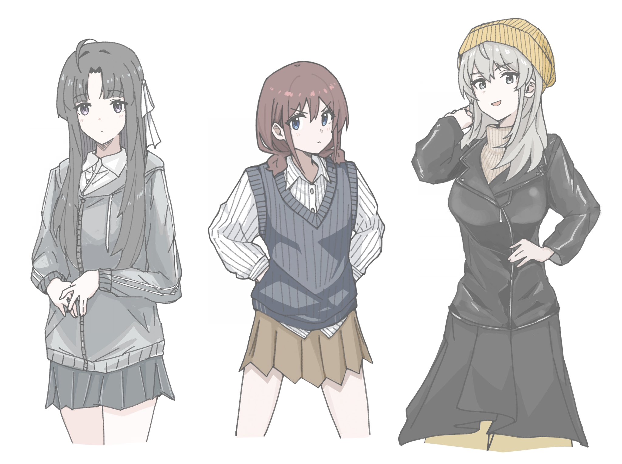 n nai nai n, awa subaru, iseri nina, kawaragi momoka, girls band cry, commentary, hashtag-only commentary, highres, 3girls, ahoge, arm up, beanie, black hair, black jacket, black skirt, blue eyes, blue sweater vest, blush, brown hair, brown skirt, closed mouth, grey hair, grey jacket, grey skirt, hair ribbon, hat, jacket, long hair, low twintails, multiple girls, parted bangs, pleated skirt, purple eyes, ribbon, shirt, short hair, short twintails, simple background, skirt, sweater vest, twintails, white background, white ribbon, white shirt, yellow hat