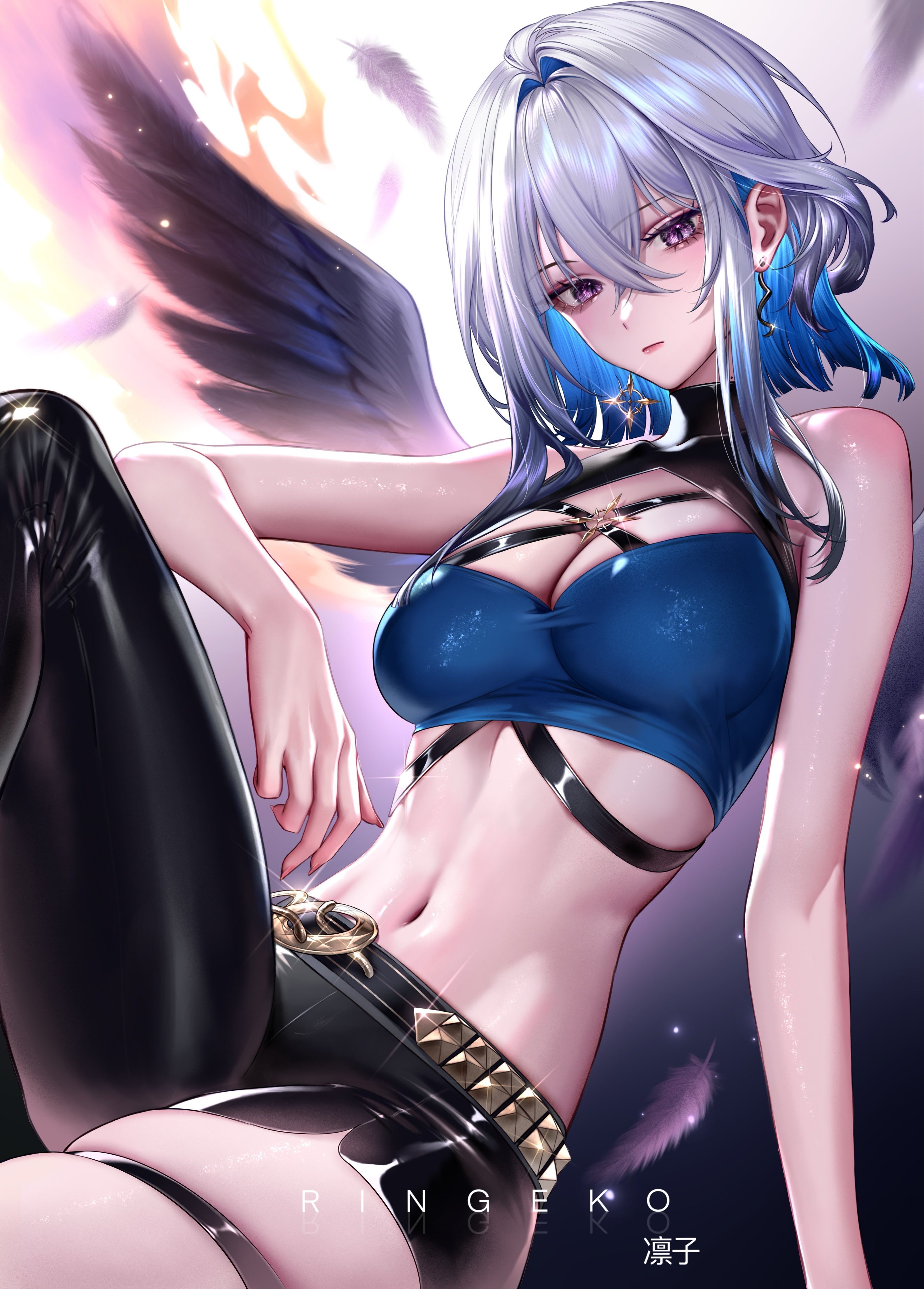 ringeko-chan, galbrena (wuthering waves), wuthering waves, absurdres, commentary, hashtag-only commentary, highres, 1girl, artist name, bare arms, bare shoulders, black pantyhose, black shorts, black wings, blue bra, blue hair, bra, breasts, cleavage, crossed bangs, earrings, feathers, glint, hair between eyes, hair intakes, jewelry, linea alba, looking at viewer, medium breasts, medium hair, midriff, mismatched earrings, multicolored hair, navel, pantyhose, purple eyes, shiny clothes, short shorts, shorts, sidelocks, single leg pantyhose, sitting, skindentation, solo, stomach, thigh strap, two-tone hair, underwear, white hair, wings