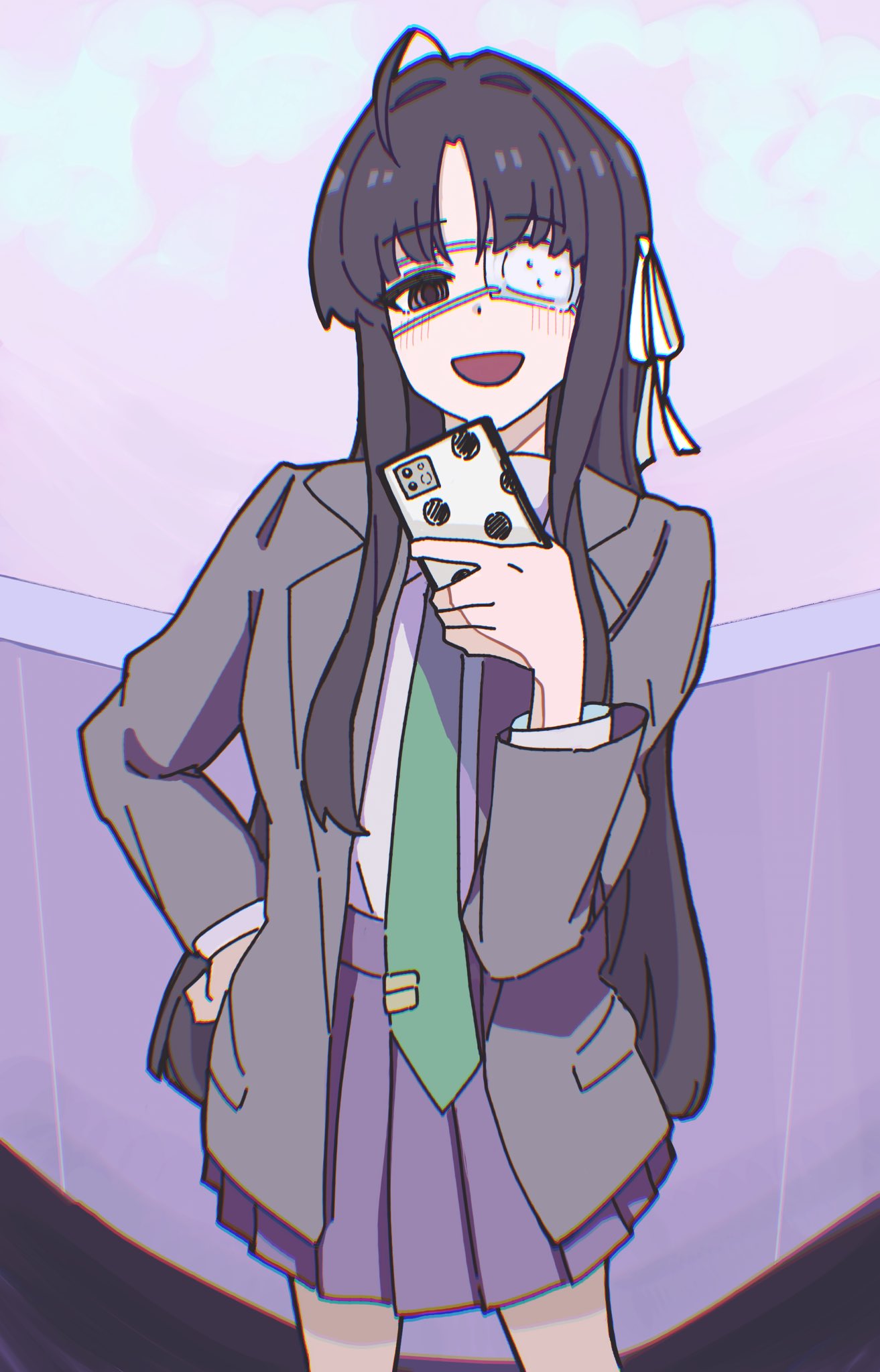 n nai nai n, awa subaru, girls band cry, monitoring (vocaloid), commentary, highres, 1girl, ahoge, black hair, blue skirt, blush, cellphone, chromatic aberration, eyepatch, green necktie, grey jacket, hair ribbon, hand on own hip, holding, holding phone, indoors, jacket, long hair, necktie, open clothes, open jacket, open mouth, parted bangs, phone, pleated skirt, ribbon, school uniform, shirt, skirt, smartphone, solo, tie clip, white ribbon, white shirt