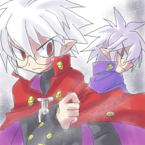 mao (disgaea), disgaea, makai senki disgaea, makai senki disgaea 2, makai senki disgaea 3, nippon ichi, lowres, 00s, 2boys, blue eyes, demon boy, dual persona, glasses, male focus, multiple boys, red eyes, white hair