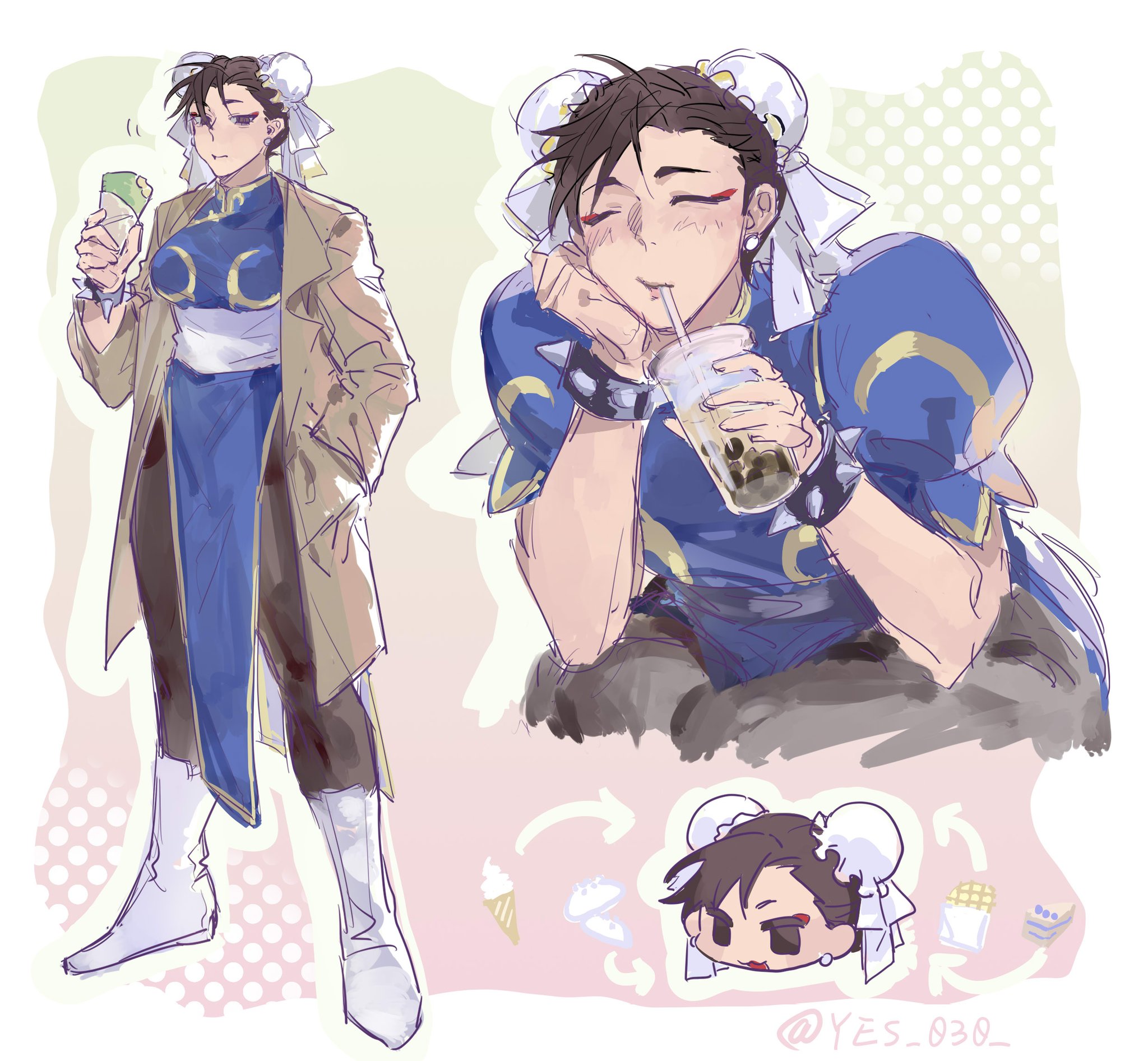 chun-li, capcom, street fighter, chinese commentary, commentary, highres, 1girl, artist name, black hair, black pantyhose, blue dress, boots, bracelet, brown coat, bun cover, chibi, china dress, chinese clothes, closed eyes, coat, cup, disposable cup, double bun, dress, drinking, drinking straw, eating, eyeliner, food, full body, hair bun, hand in pocket, holding, holding cup, holding food, ice cream, jewelry, makeup, multiple views, pantyhose, sash, sitting, spiked bracelet, spikes, standing, white boots, white sash, yes 030