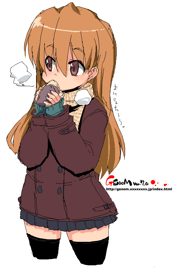 onija tarou, original, brown eyes, brown hair, eating, jacket, long hair, oekaki, scarf, skirt, solo, thighhighs, zettai ryouiki