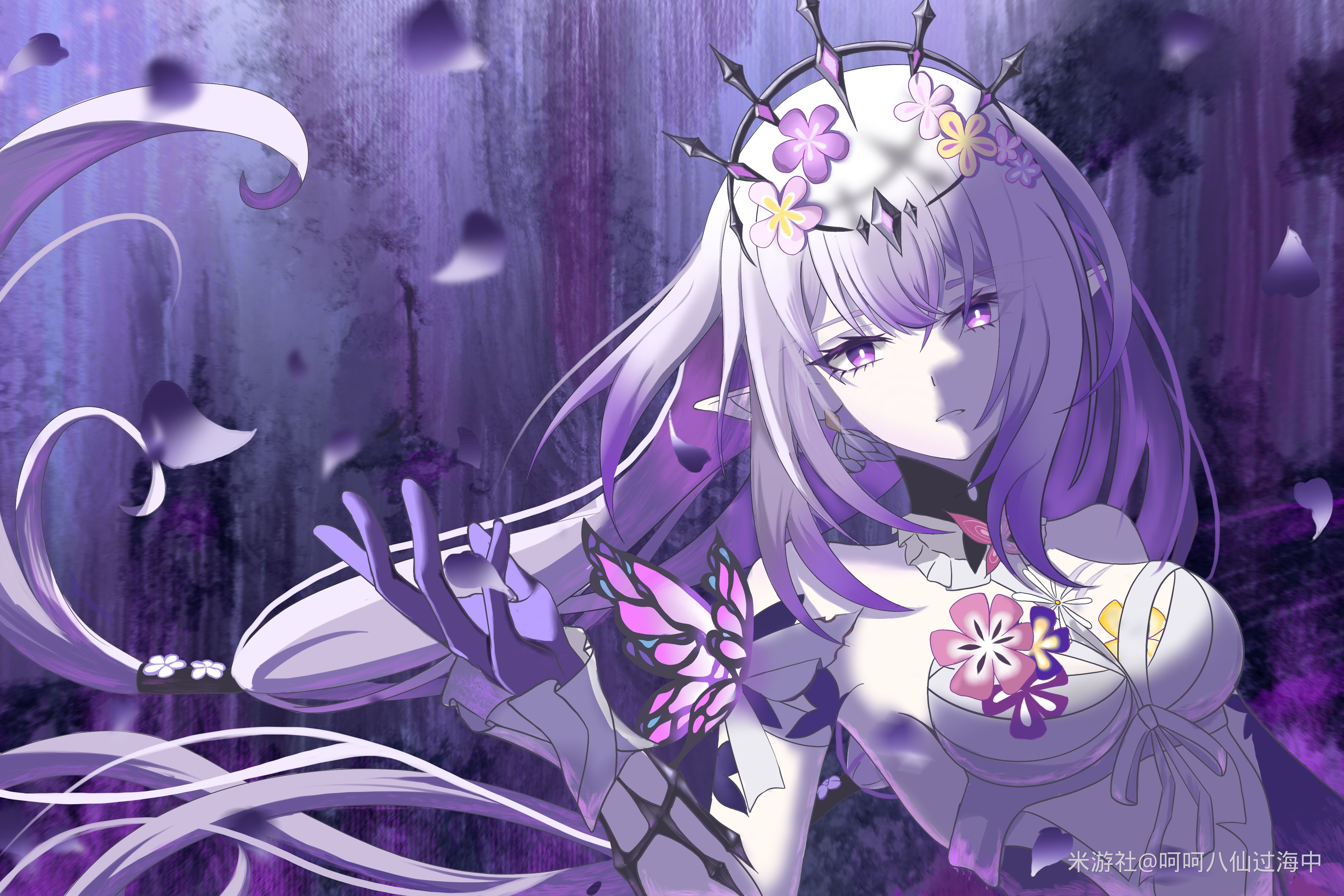 castorice (honkai: star rail), honkai: star rail, honkai (series), absurdres, chinese commentary, commentary request, highres, 1girl, bare shoulders, black tiara, breasts, dress, falling petals, flower, gloves, hair flower, hair ornament, hehe baxianguohai zhong, long hair, medium breasts, miyoushe watermark, petals, pointy ears, purple eyes, purple gloves, purple hair, solo, tiara, very long hair, watermark, white dress