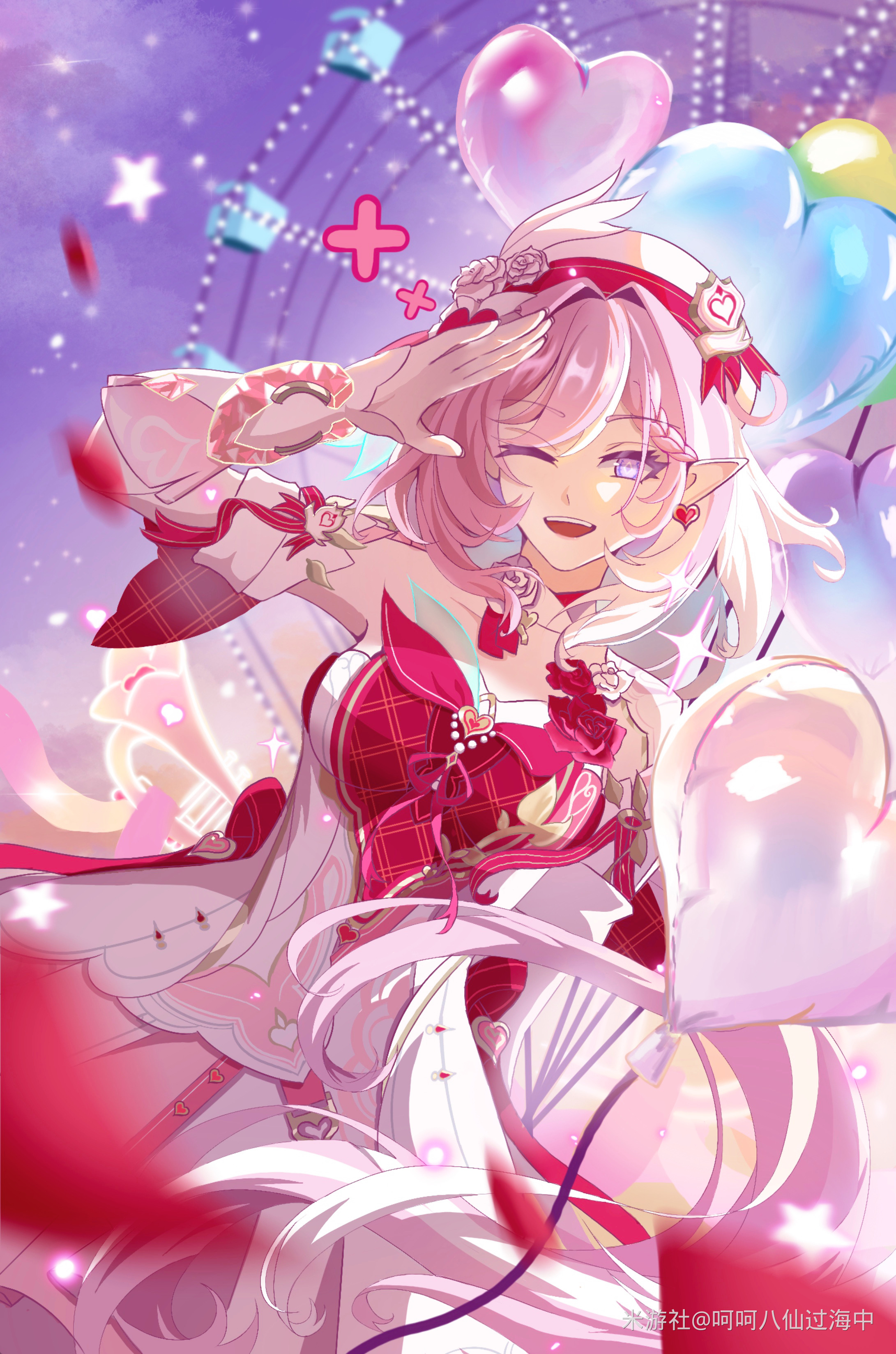 elysia (hi love elf) (honkai impact), elysia (honkai impact), honkai (series), honkai impact 3rd, absurdres, chinese commentary, commentary request, highres, 1girl, ;o, amusement park, balloon, beret, diamond-shaped pupils, diamond (shape), dress, elf, ferris wheel, hat, heart balloon, hehe baxianguohai zhong, long hair, looking at viewer, miyoushe watermark, one eye closed, pink hair, pointy ears, purple eyes, purple sky, red dress, sky, solo, symbol-shaped pupils, two-tone dress, very long hair, watermark, white dress