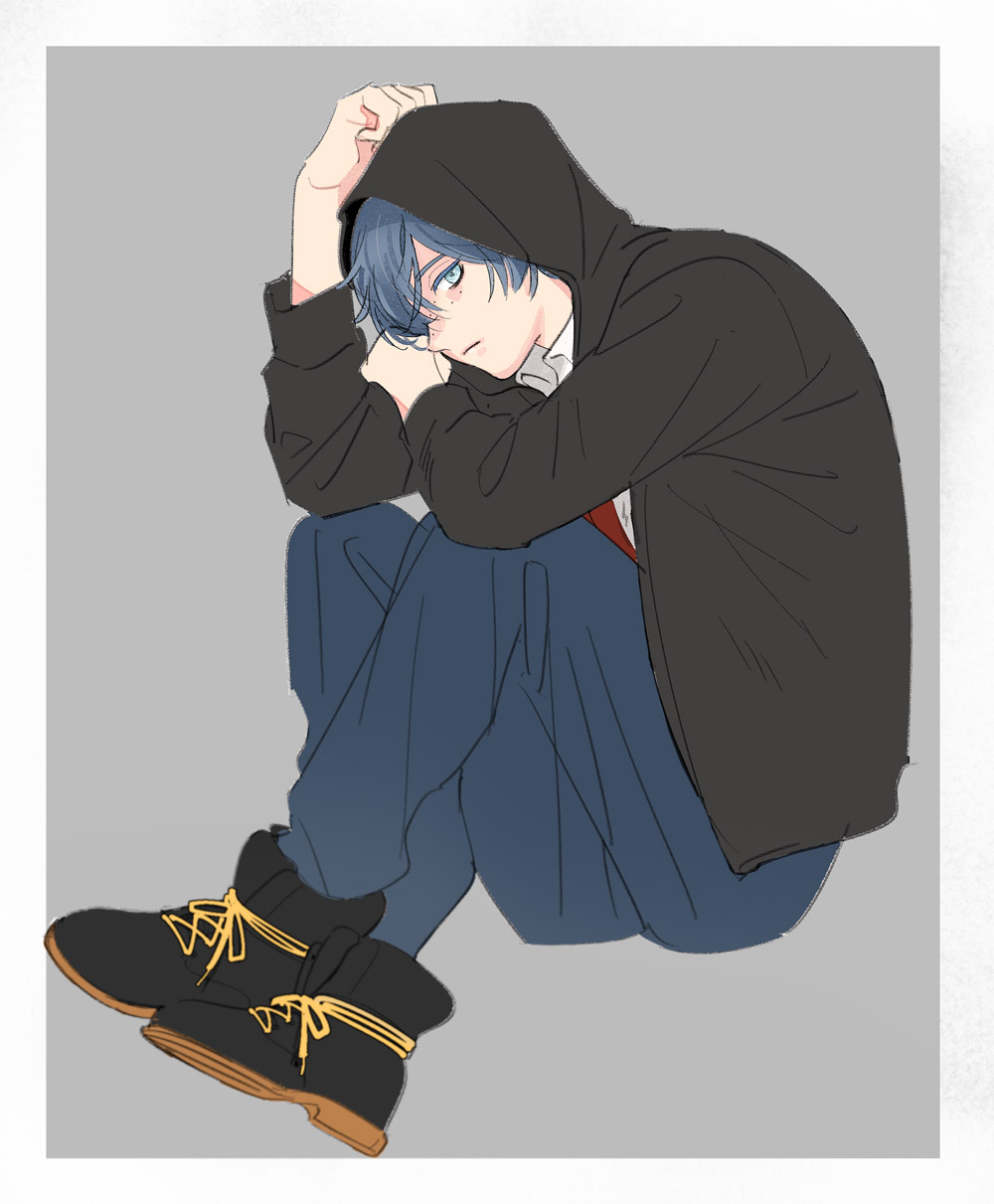 kuji toi, sarazanmai, commentary request, highres, 1boy, black shoes, blue eyes, blue hair, blue pants, border, closed mouth, freckles, full body, grey background, hair over one eye, hood, hood up, komgonsara, long sleeves, looking at viewer, male focus, pants, shoes, short hair, simple background, sitting, solo, white border
