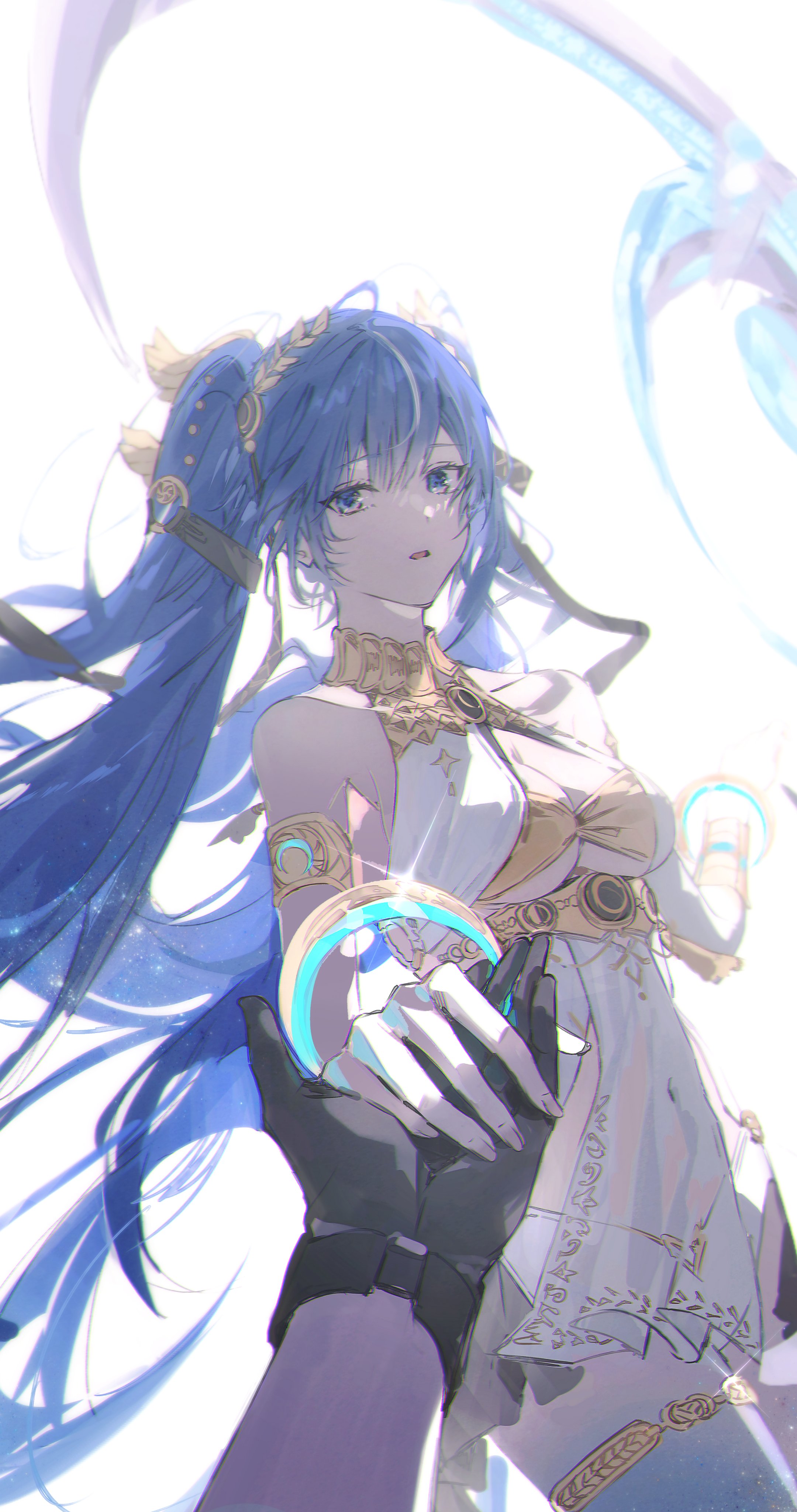 hikaku (siyrgr), iuno (wuthering waves), male rover (wuthering waves), rover (wuthering waves), wuthering waves, absurdres, commentary, highres, 1boy, 1girl, ahoge, ancient greek clothes, armlet, bare shoulders, black gloves, blue eyes, blue hair, breasts, cleavage, covered navel, gloves, gold bra, greco-roman clothes, hair belt, jewelry, laurel crown, long hair, looking at viewer, medium breasts, multicolored hair, parted lips, pov, pov hands, streaked hair, thighlet, twintails